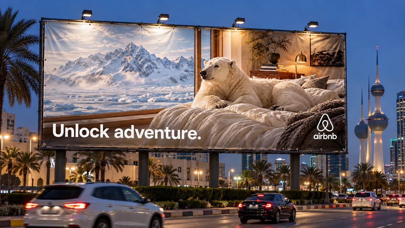 Airbnb polar bear campaign on a wrinkled printed streetboard in a Kuwait City presentation mockup