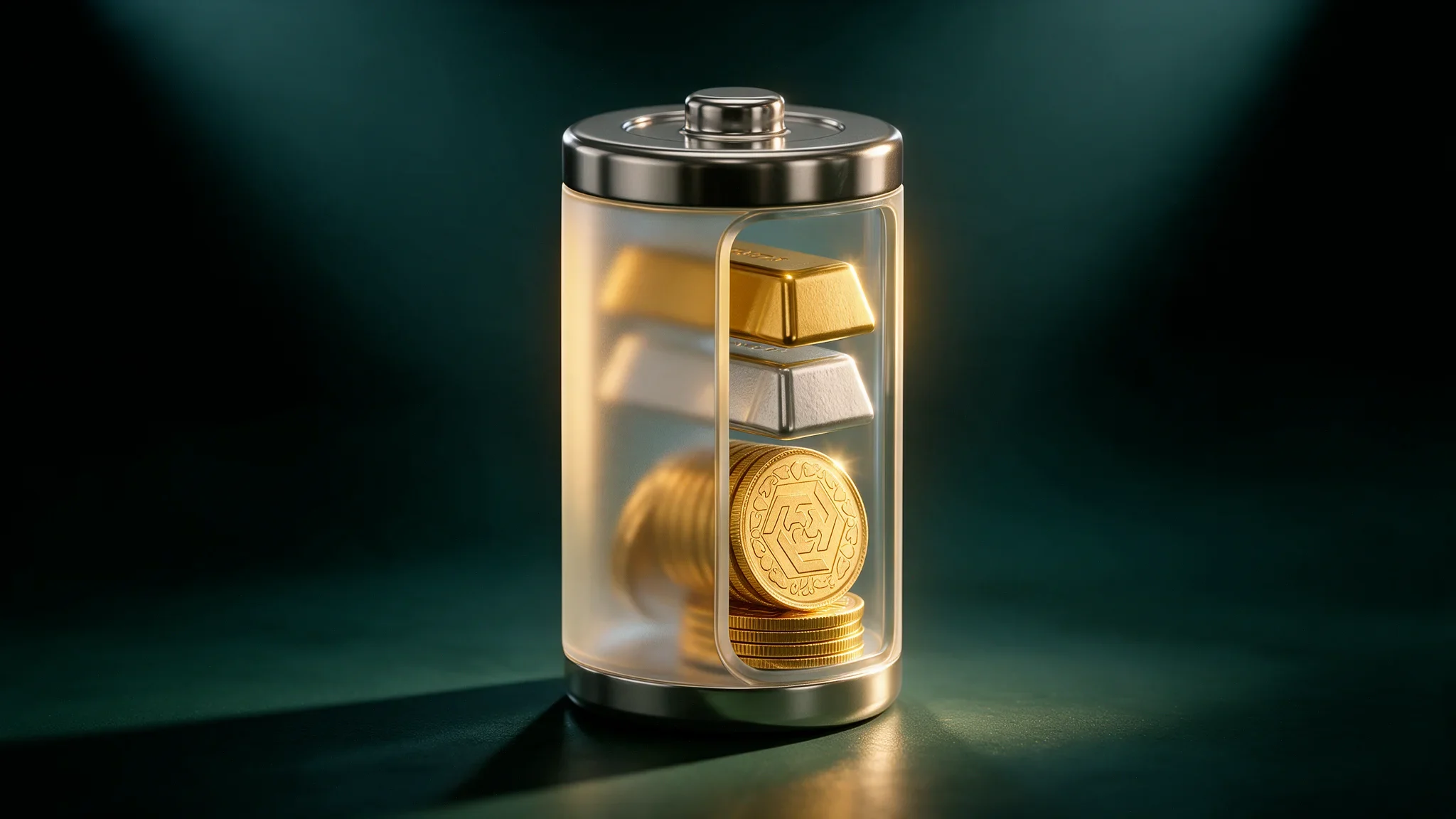 EcoGold battery visual with gold and silver bars, coins and directional lighting on a dark green background