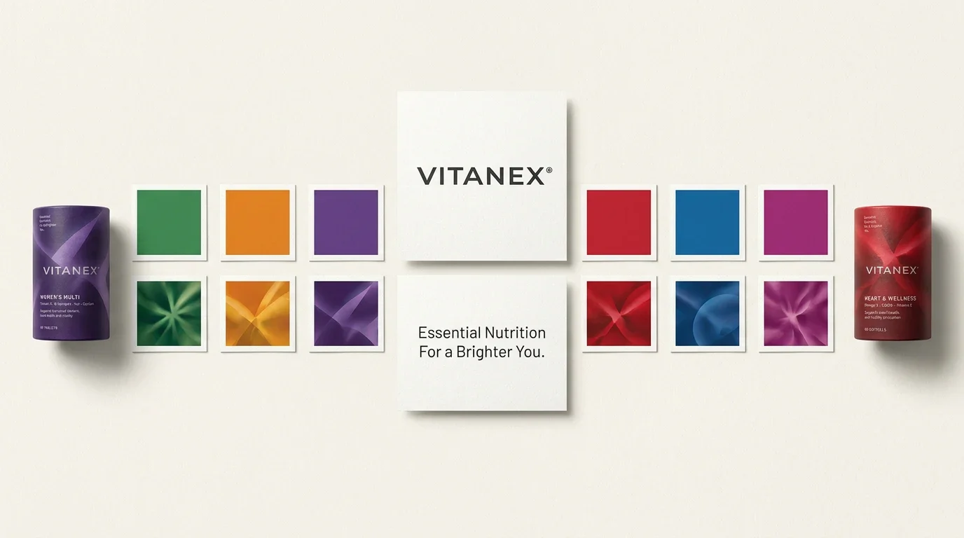 Vitanex wordmark with six colour palettes and matching abstract packaging patterns