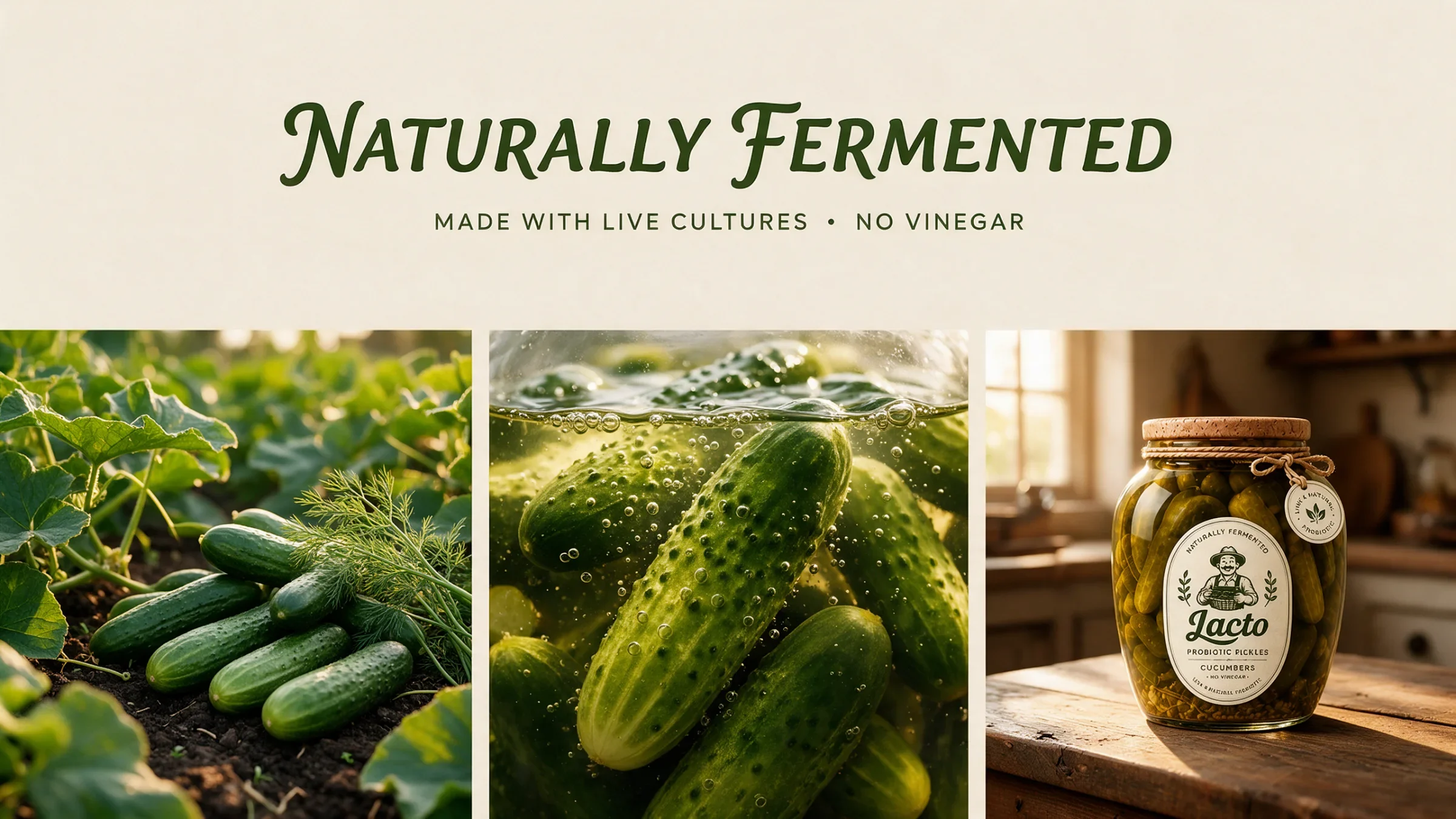 Lacto fermentation-themed artwork with cucumbers, a jar close-up and a kitchen scene