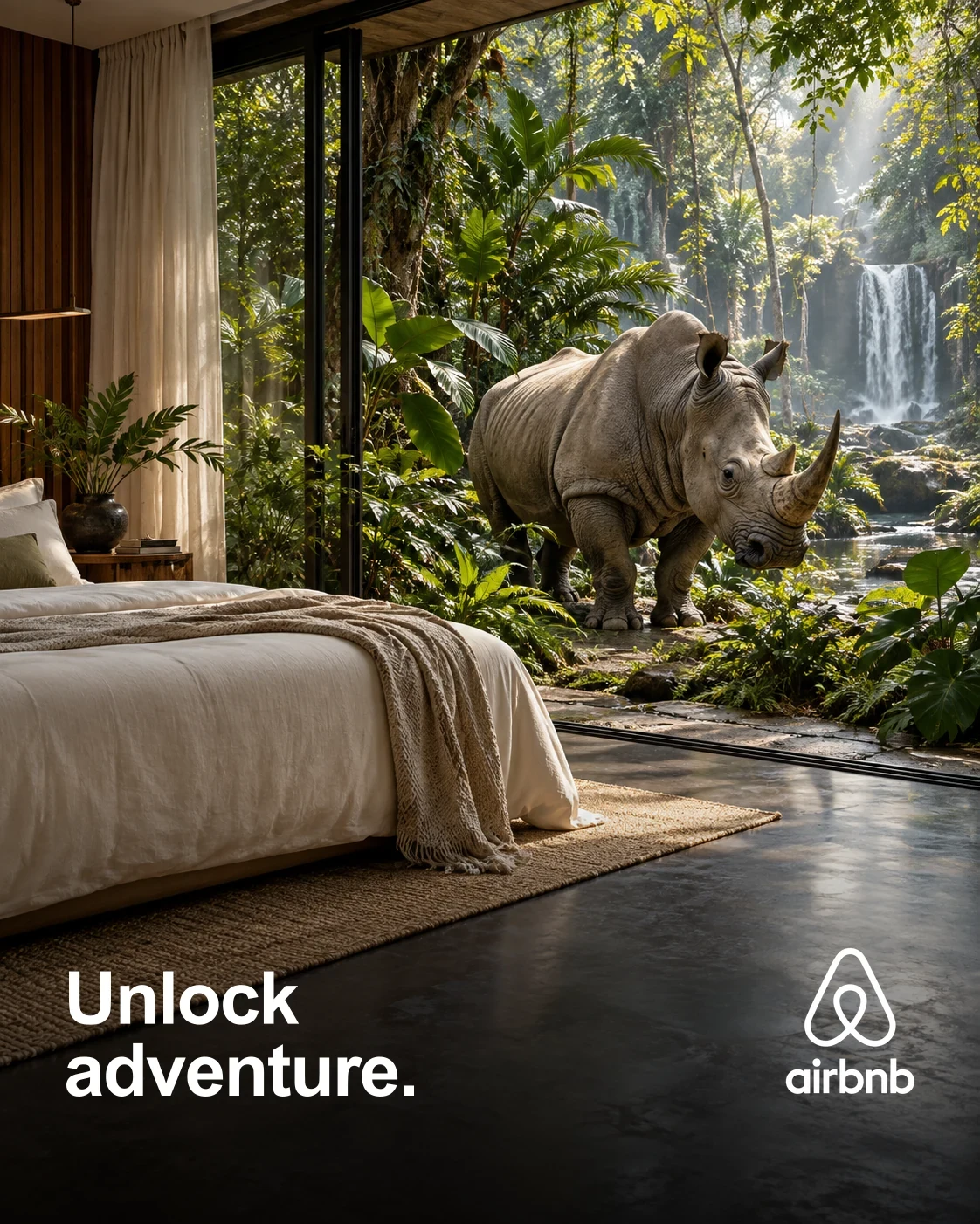 Airbnb Unlock Adventure visual: a rhinoceros at the edge of a rainforest bedroom