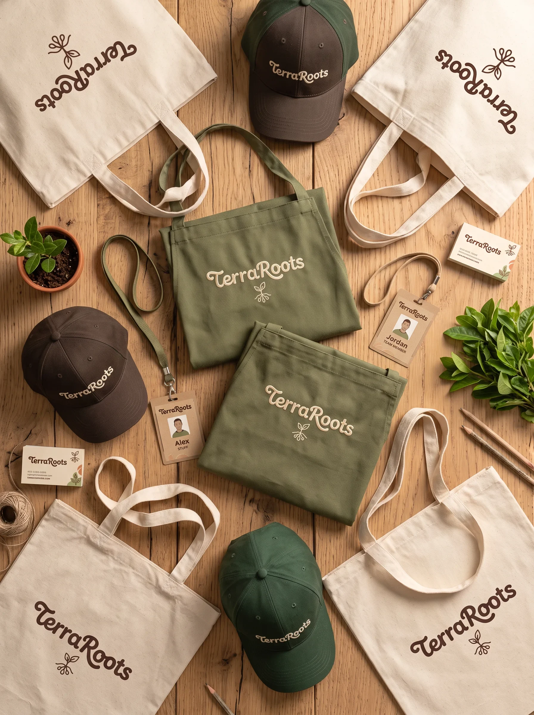 TerraRoots embroidered caps, apron and printed tote bags