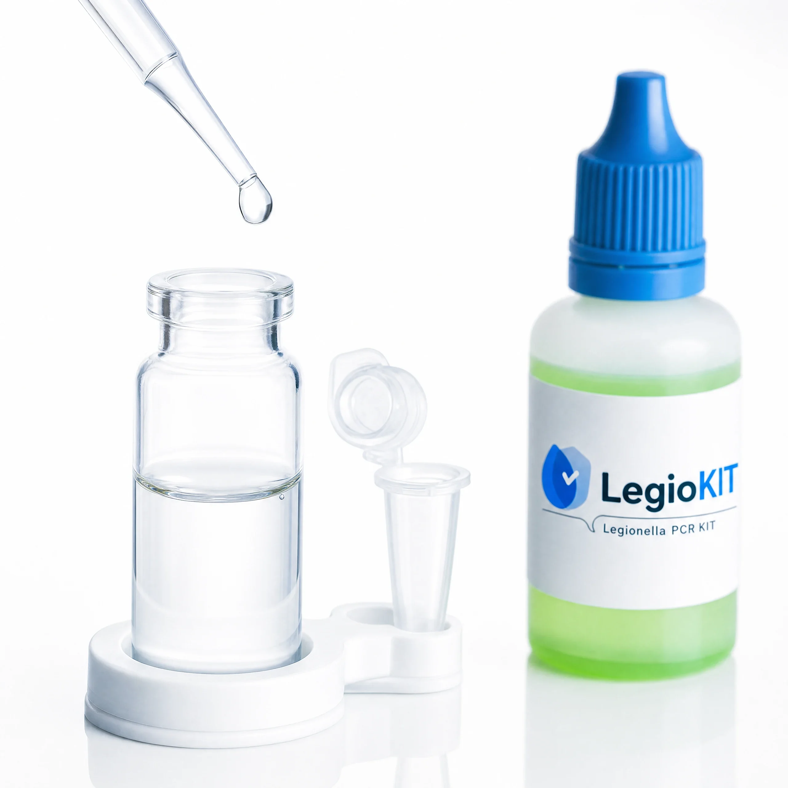 Green LegioKIT reagent label beside a glass vial and suspended droplet