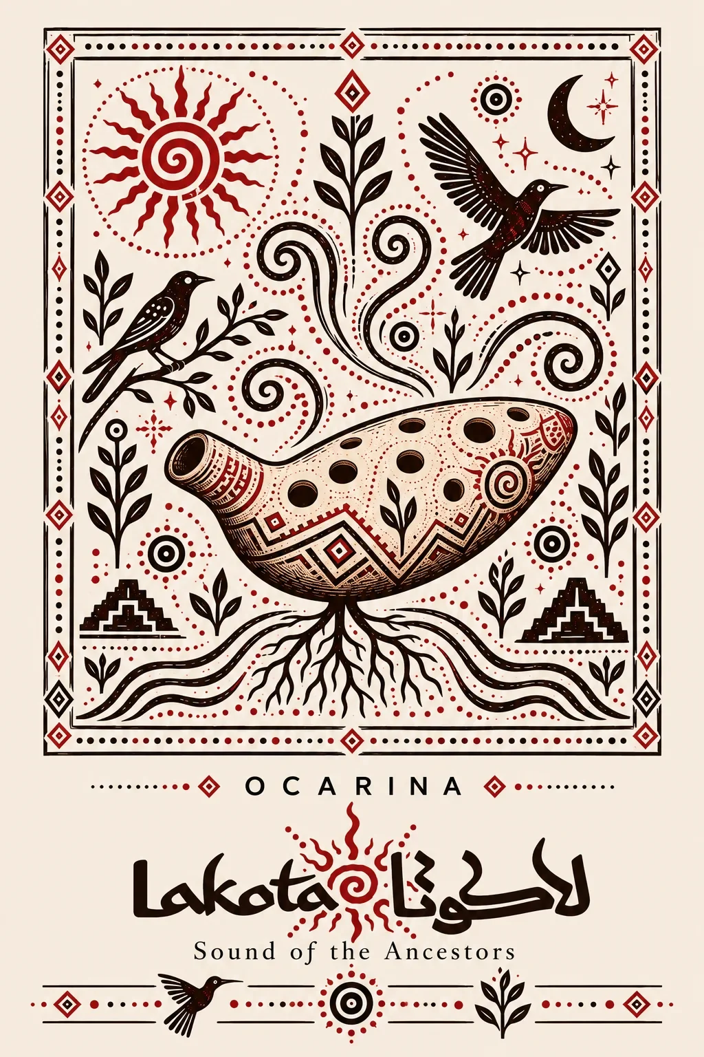 Ocarina illustration poster with birds, roots and a spiral sun