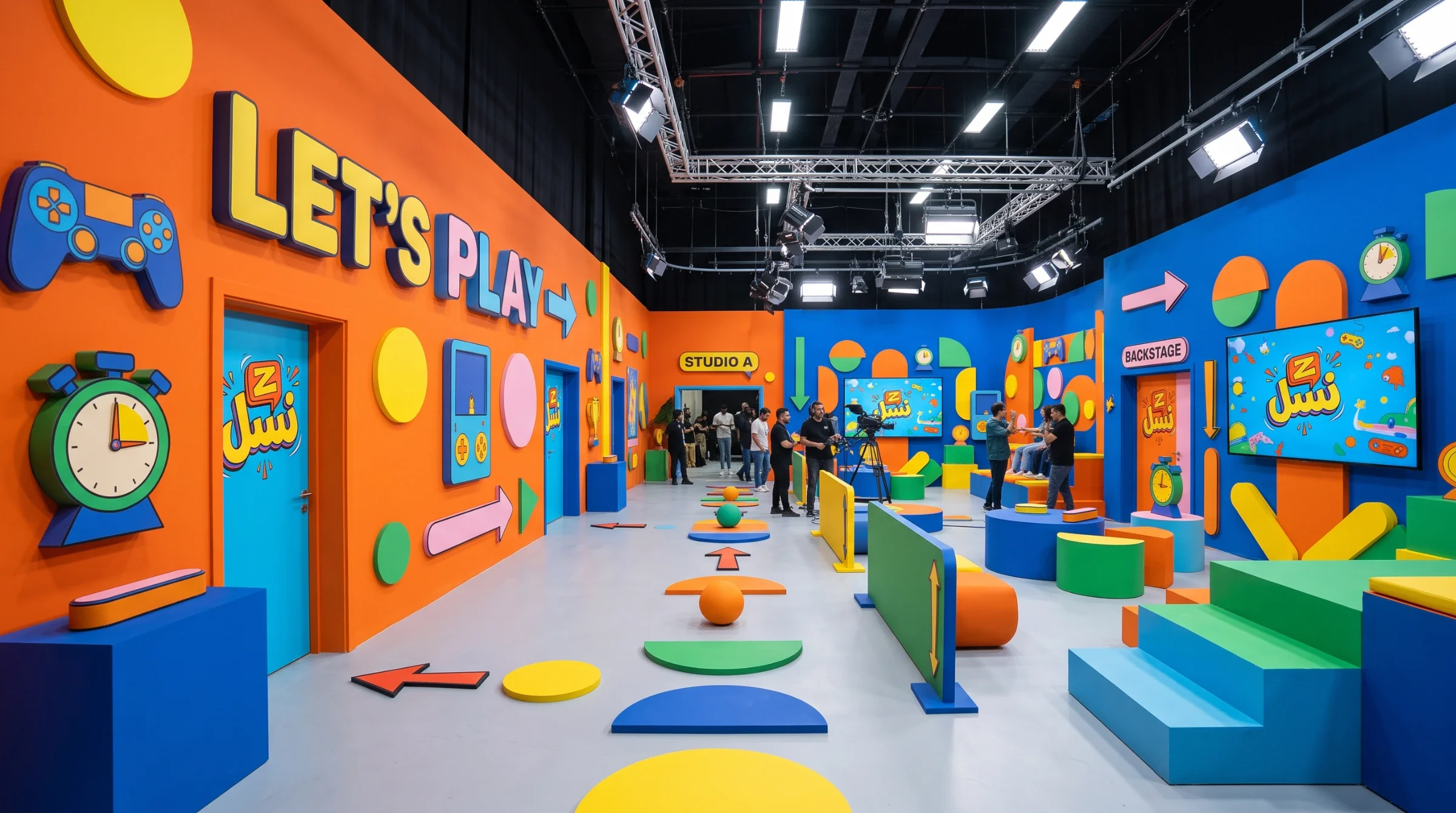 Colourful studio passage with Let’s Play graphics and game symbols.
