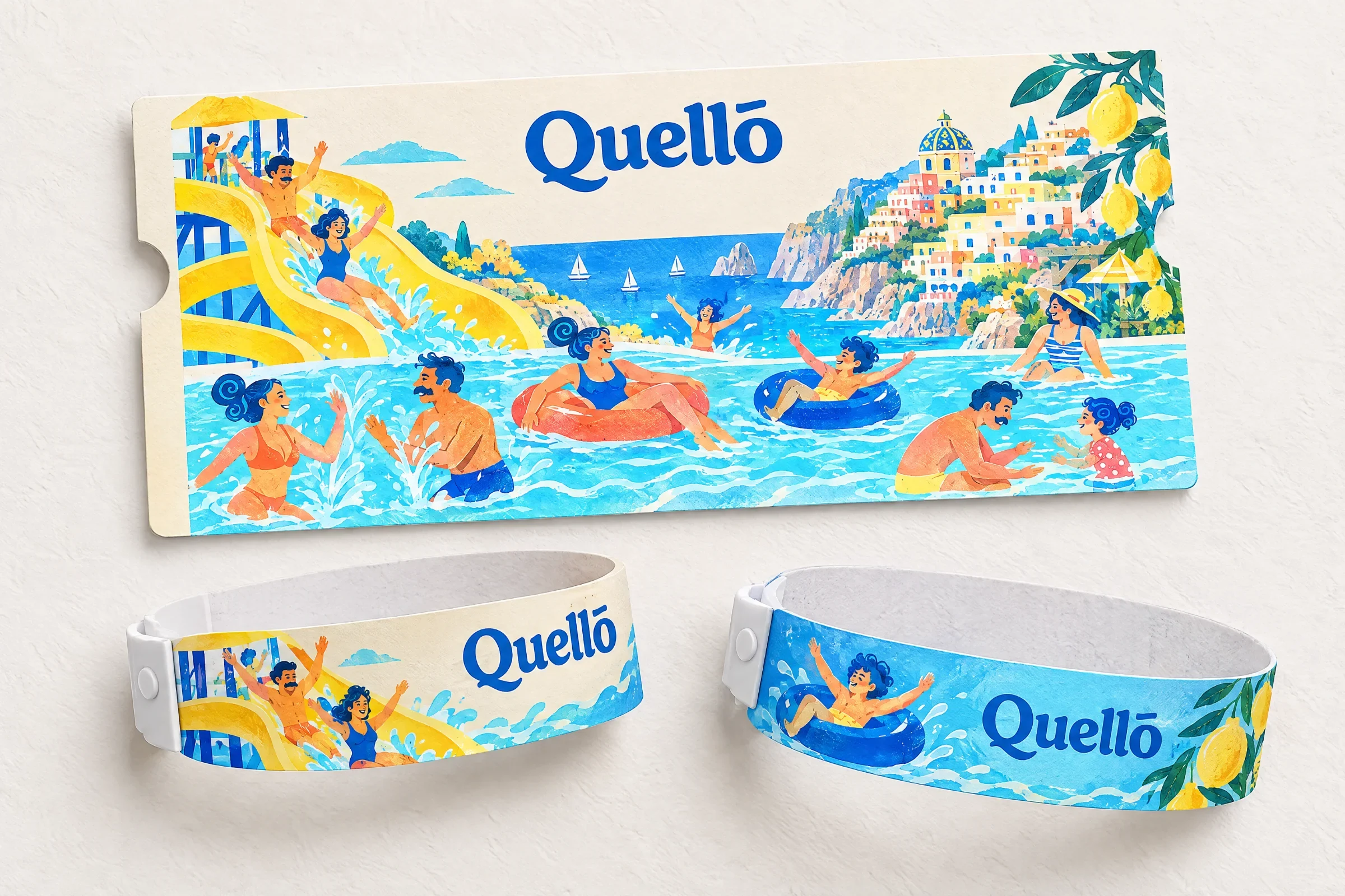 Quello illustrated admission ticket and two matching wristbands on a neutral background