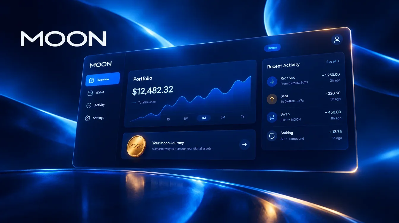 Moon desktop portfolio interface mockup with chart and recent activity