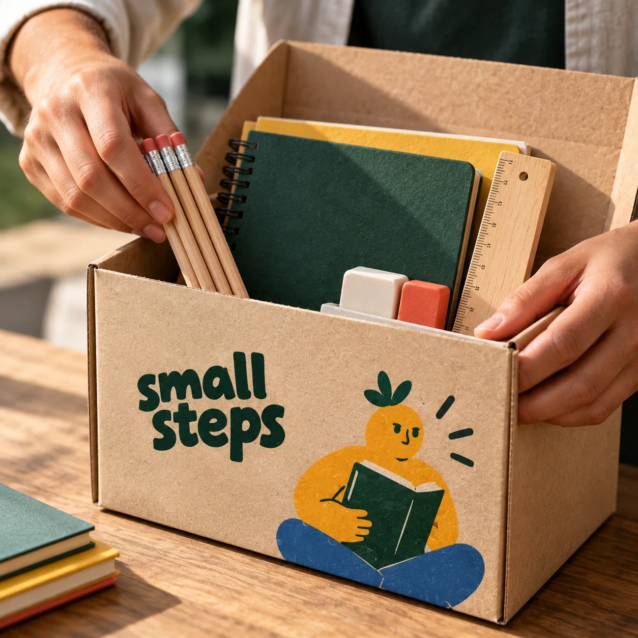 نمای نزدیک از نمونهٔ بسته‌بندی بستهٔ آموزشی Small Steps.
