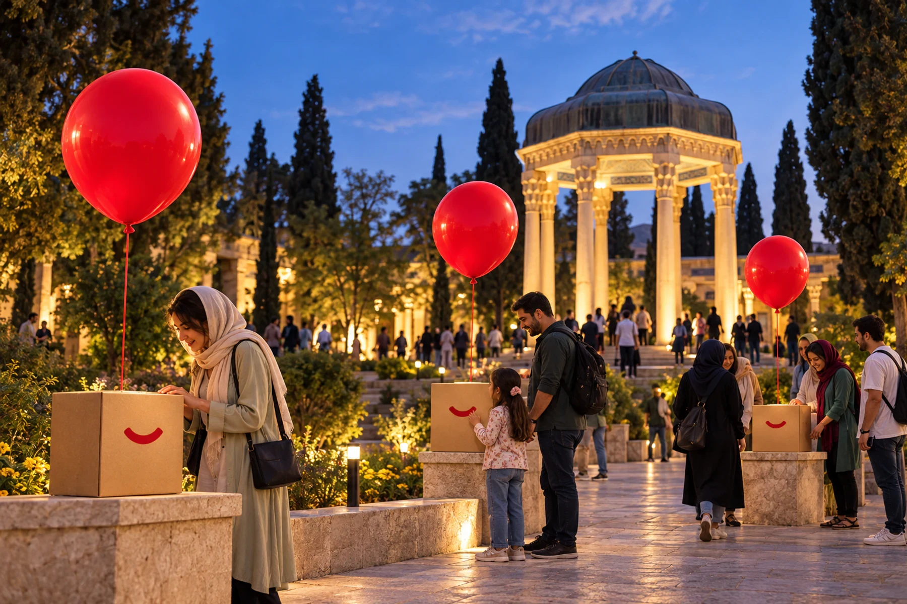A series of Digikala box and balloon installations near the Hafez memorial in Shiraz
