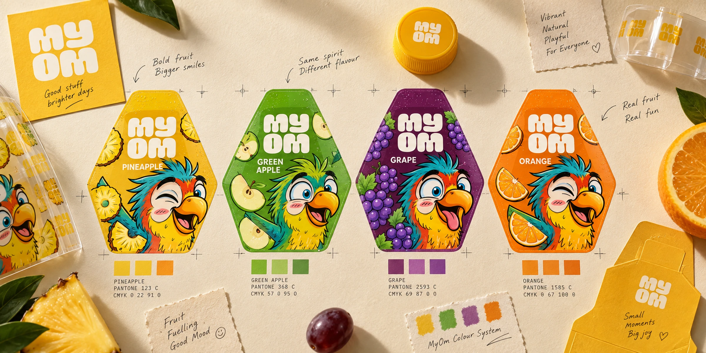 Four MyOm fruit flavour labels printed on textured paper beside colour swatches and design notes