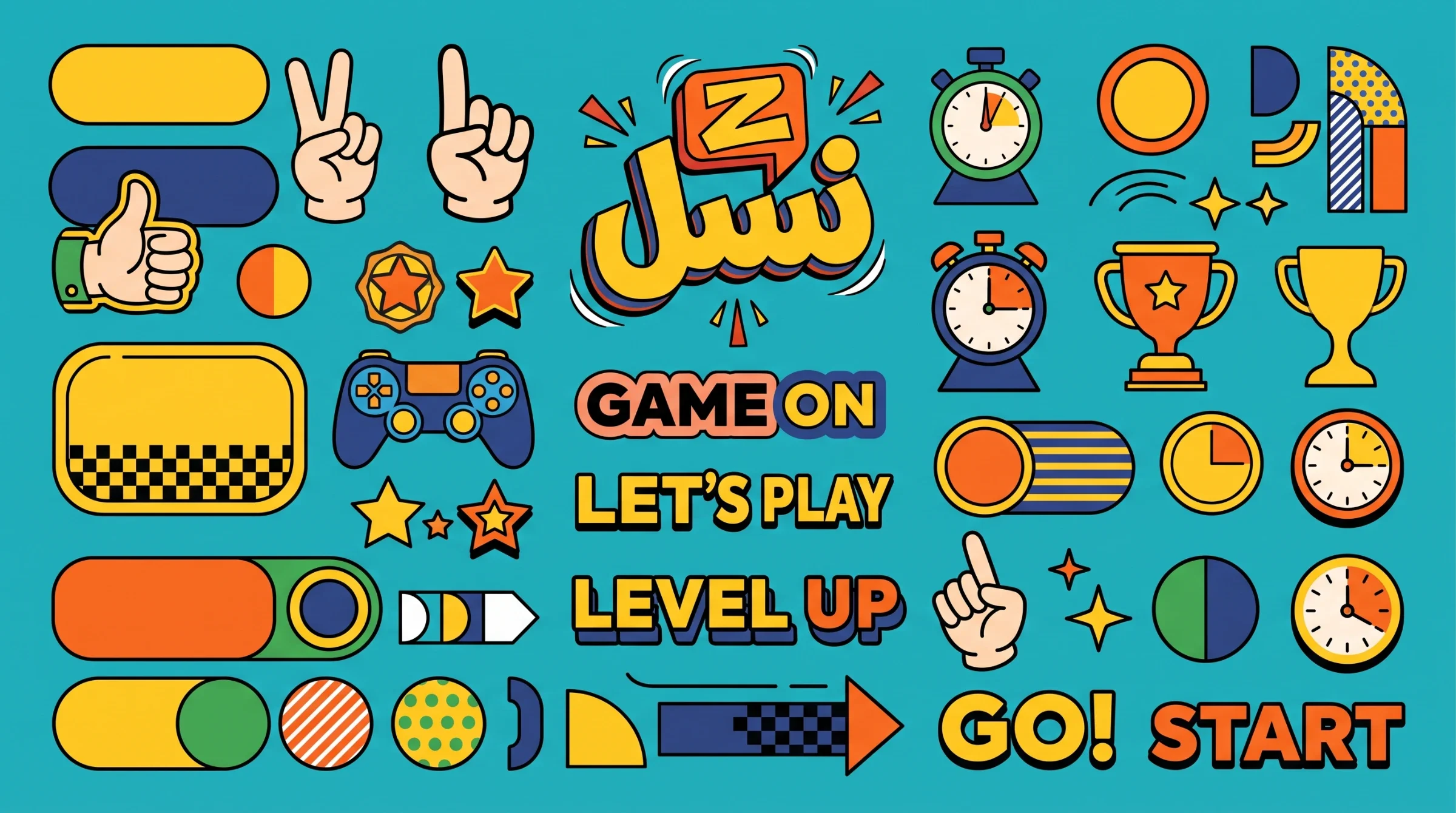 Nasl Z logo, controllers, trophies, stopwatches, hand gestures and rounded panels arranged on cyan.