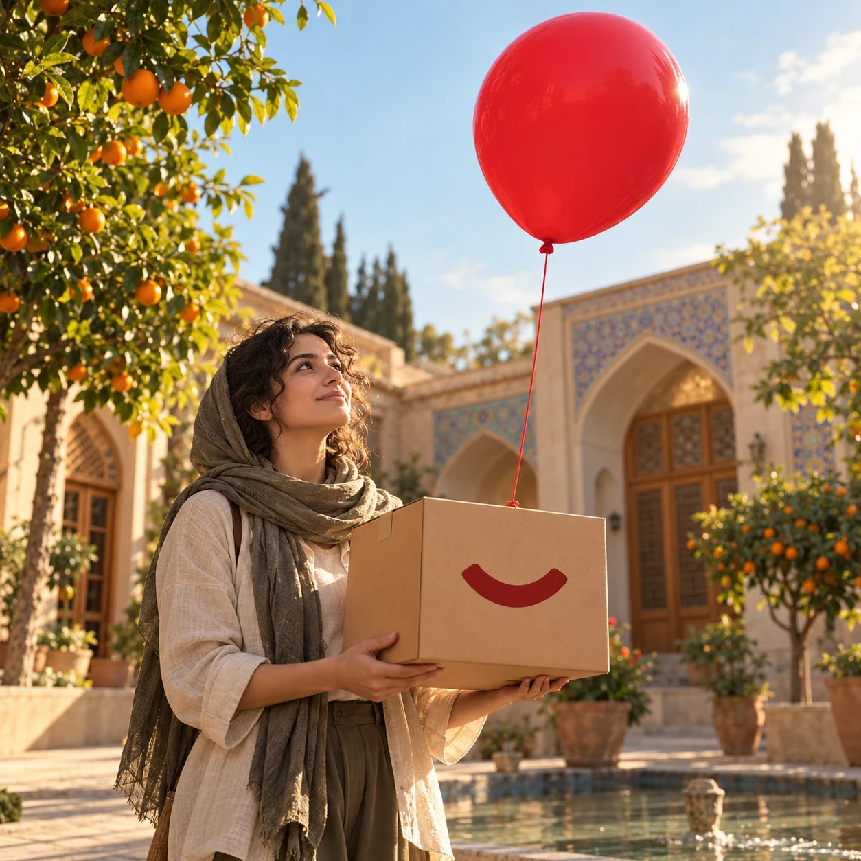 Iranian woman holding a Digikala smile box beneath a red balloon in Shiraz