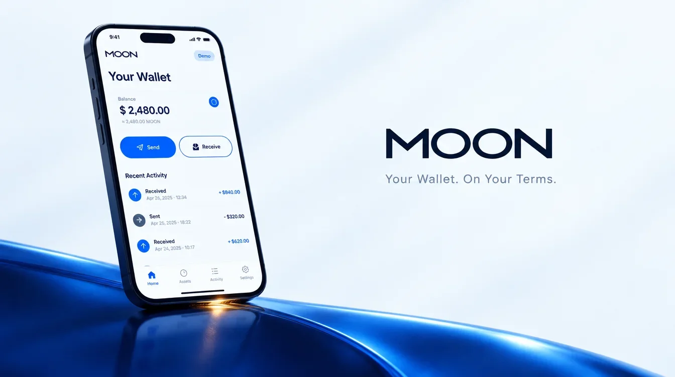 Moon light-themed wallet screen mockup beside the wordmark