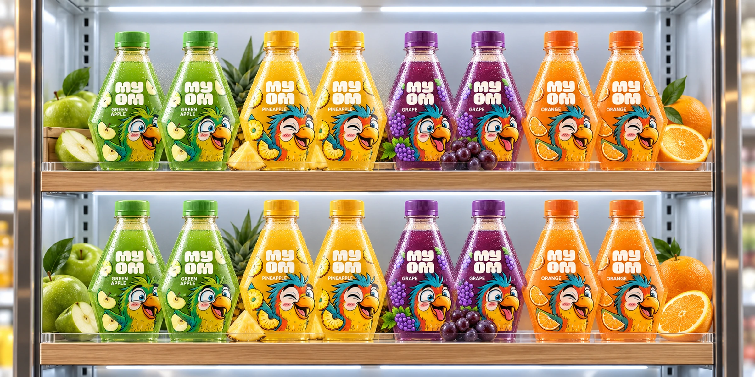 Four MyOm fruit juice flavours arranged on a refrigerated retail shelf