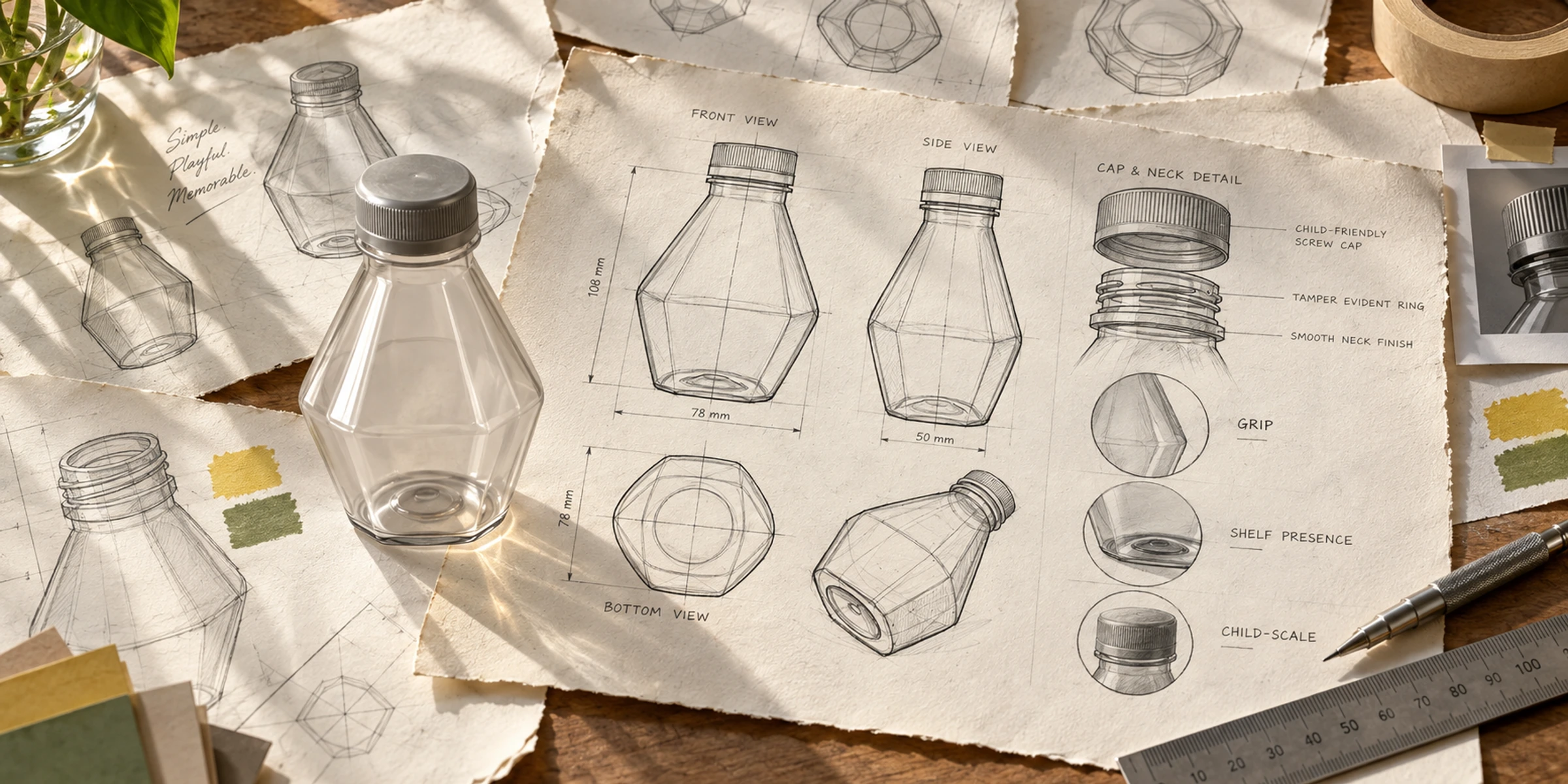 Photographed MyOm bottle development sketches and paper prototype on a working studio desk