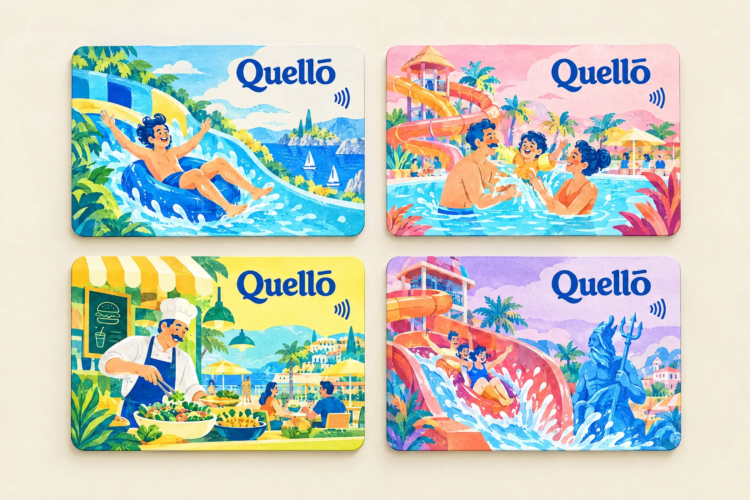 Four Quello illustrated access cards featuring swimmers, slides, food-court scenes and a colourful coastal water park