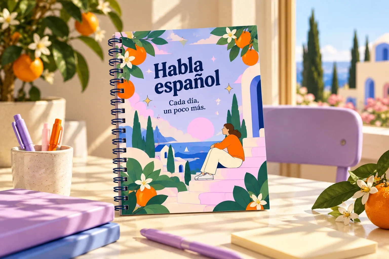 ماکاپ دفتر فنری با نوشتهٔ Habla español در فضای روشن کلاس.