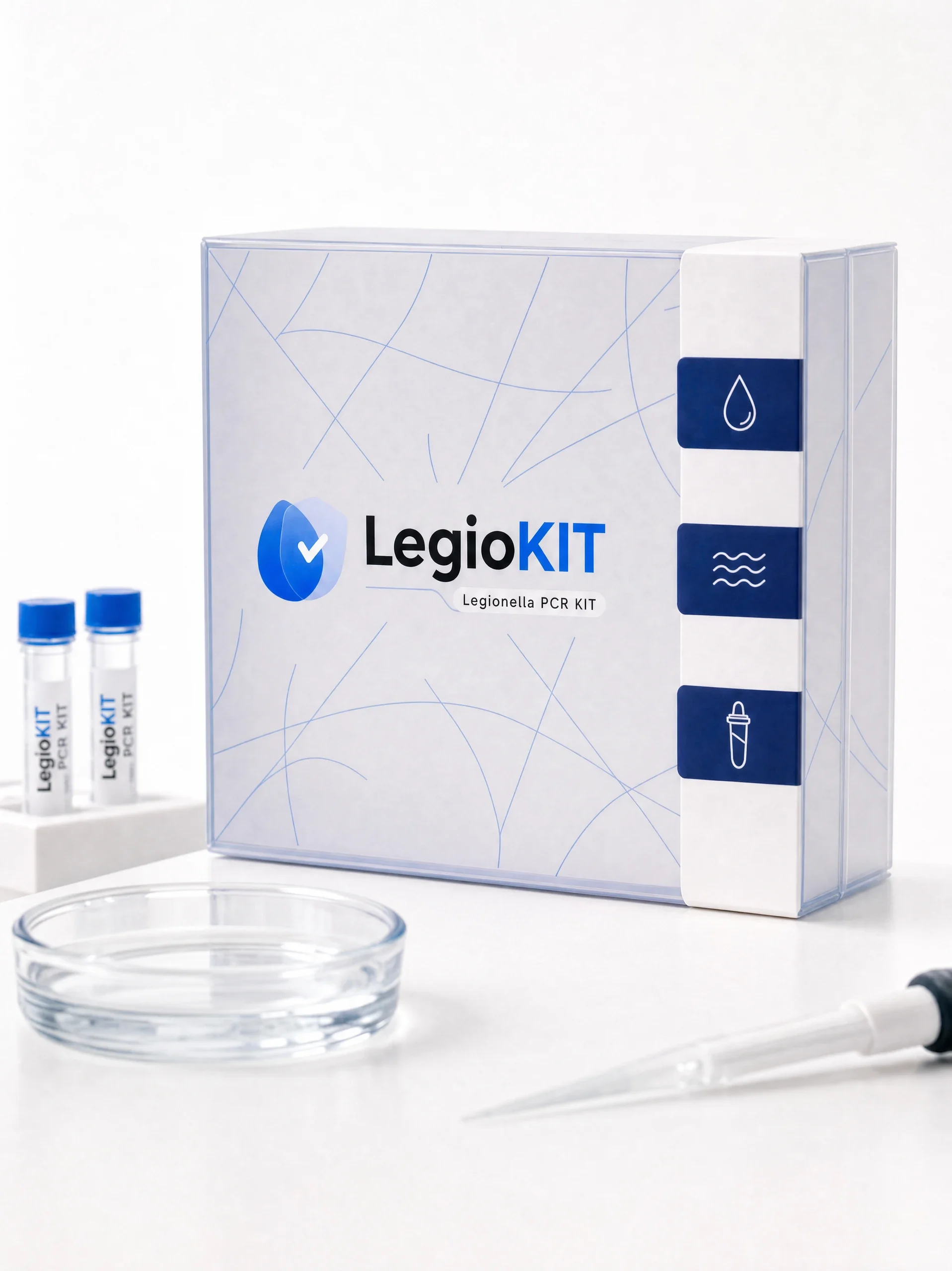 LegioKIT outer packaging with blue linework and a vertical icon strip