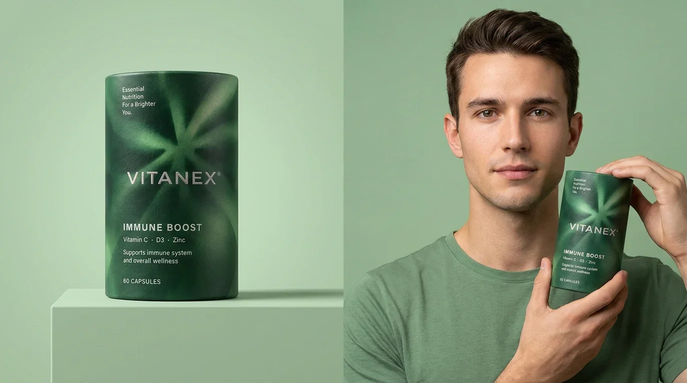 Green Vitanex Immune Boost packaging beside a coordinated portrait