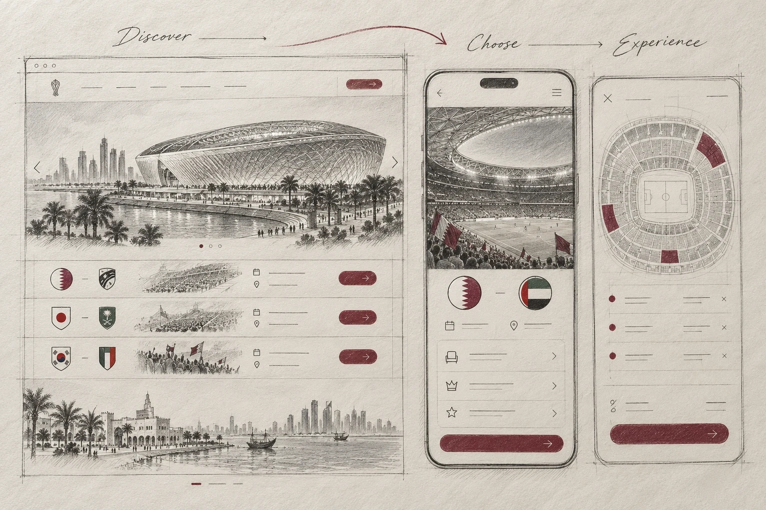 Generated graphite and burgundy wireframe study showing a luxury Qatar landing, mobile view and stadium seat-selection flow