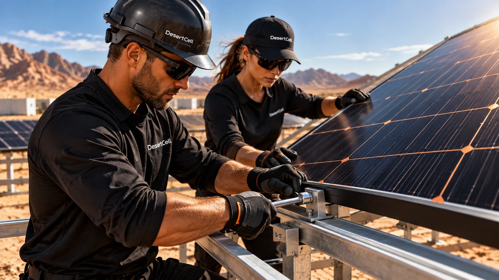 Two technicians securing a solar panel to its mounting rack.