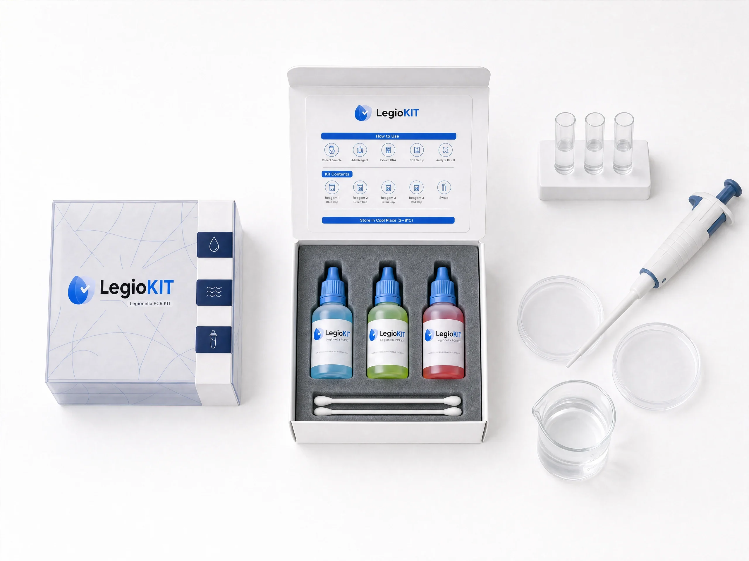 Open LegioKIT box with three reagent bottles, swabs and laboratory equipment