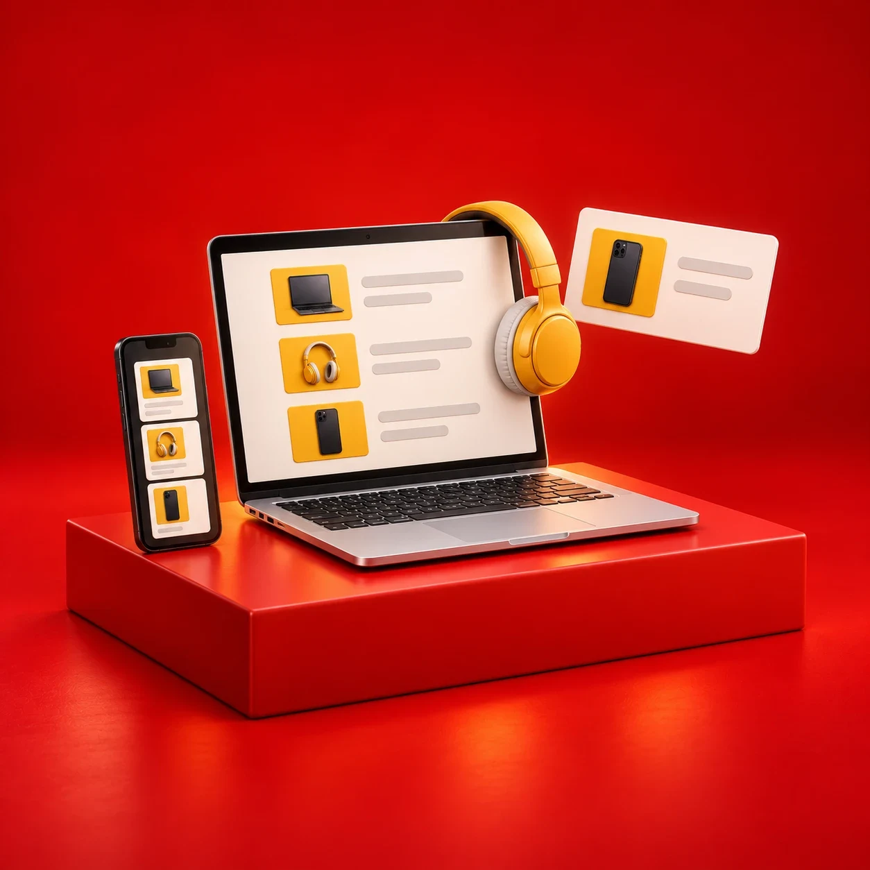 Electronics and a listing card on a red campaign stage