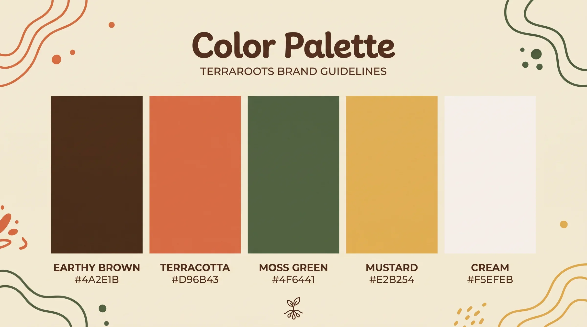 TerraRoots brown, terracotta, moss green, mustard and cream colour palette
