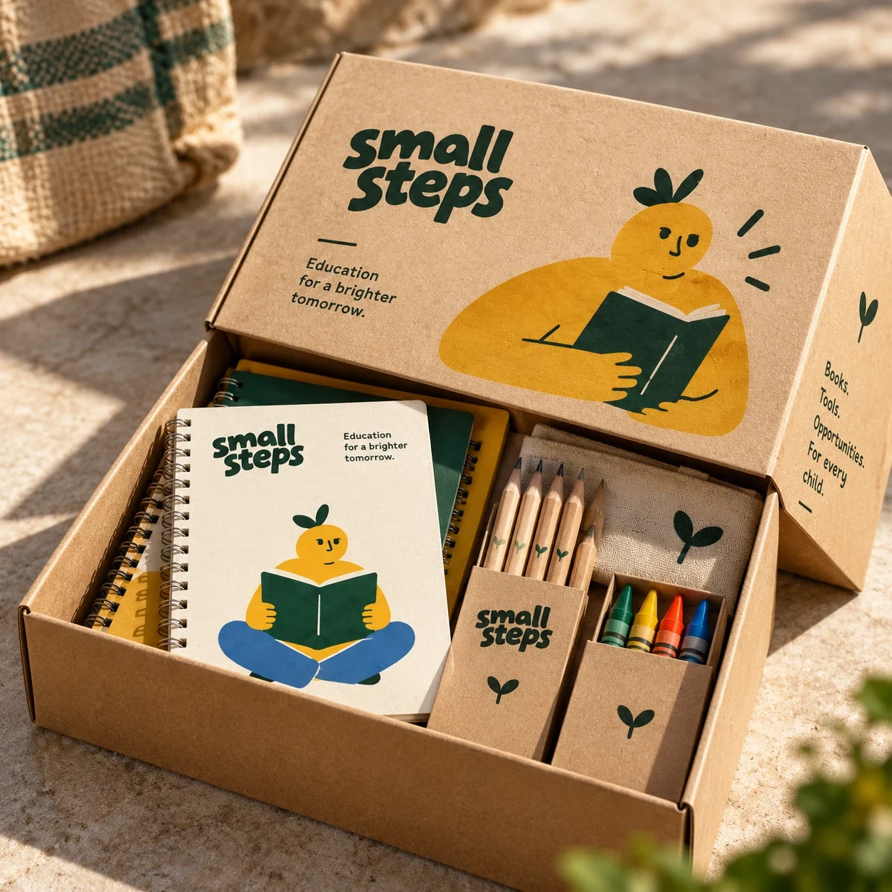 جعبهٔ کرافت Small Steps با شخصیت زرد جوانه‌دار و لوازم‌التحریر و ابزار آموزشی داخل آن.