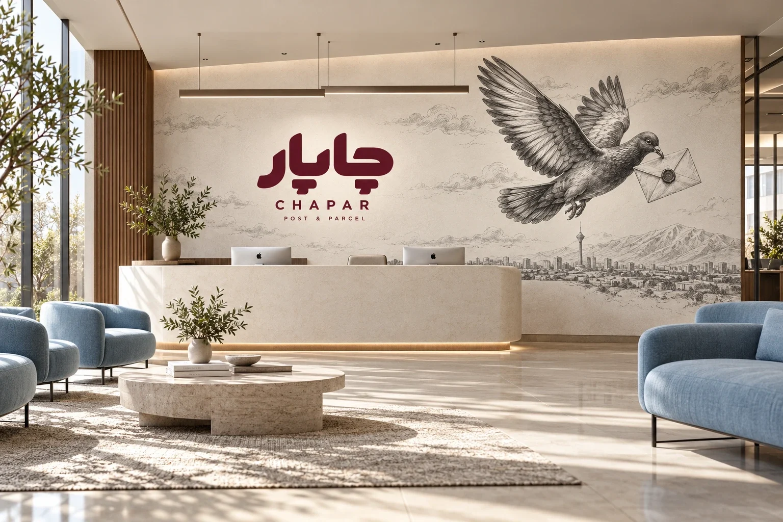 کانسپت پذیرش با دیوارنگارهٔ کبوتر، لوگوی زرشکی و نشیمن آبی.