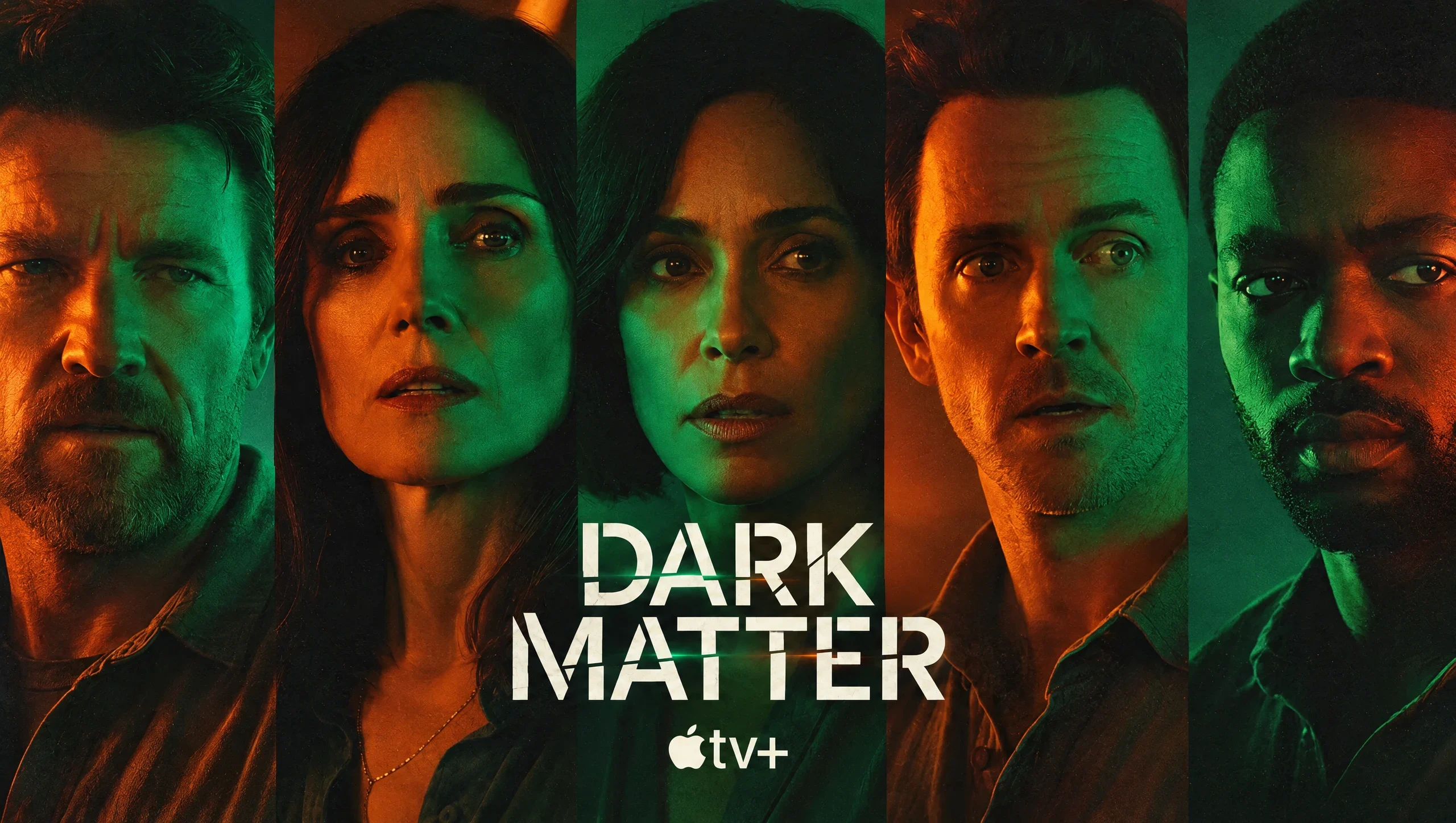 Five Dark Matter character portraits united by green and amber light