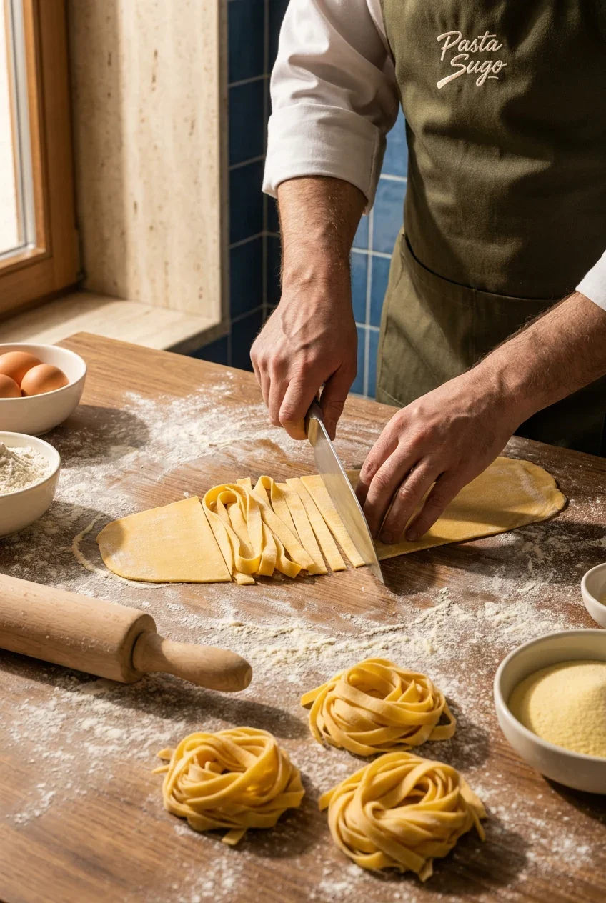 A chef cuts fresh pasta by hand on a flour-dusted wooden worktop