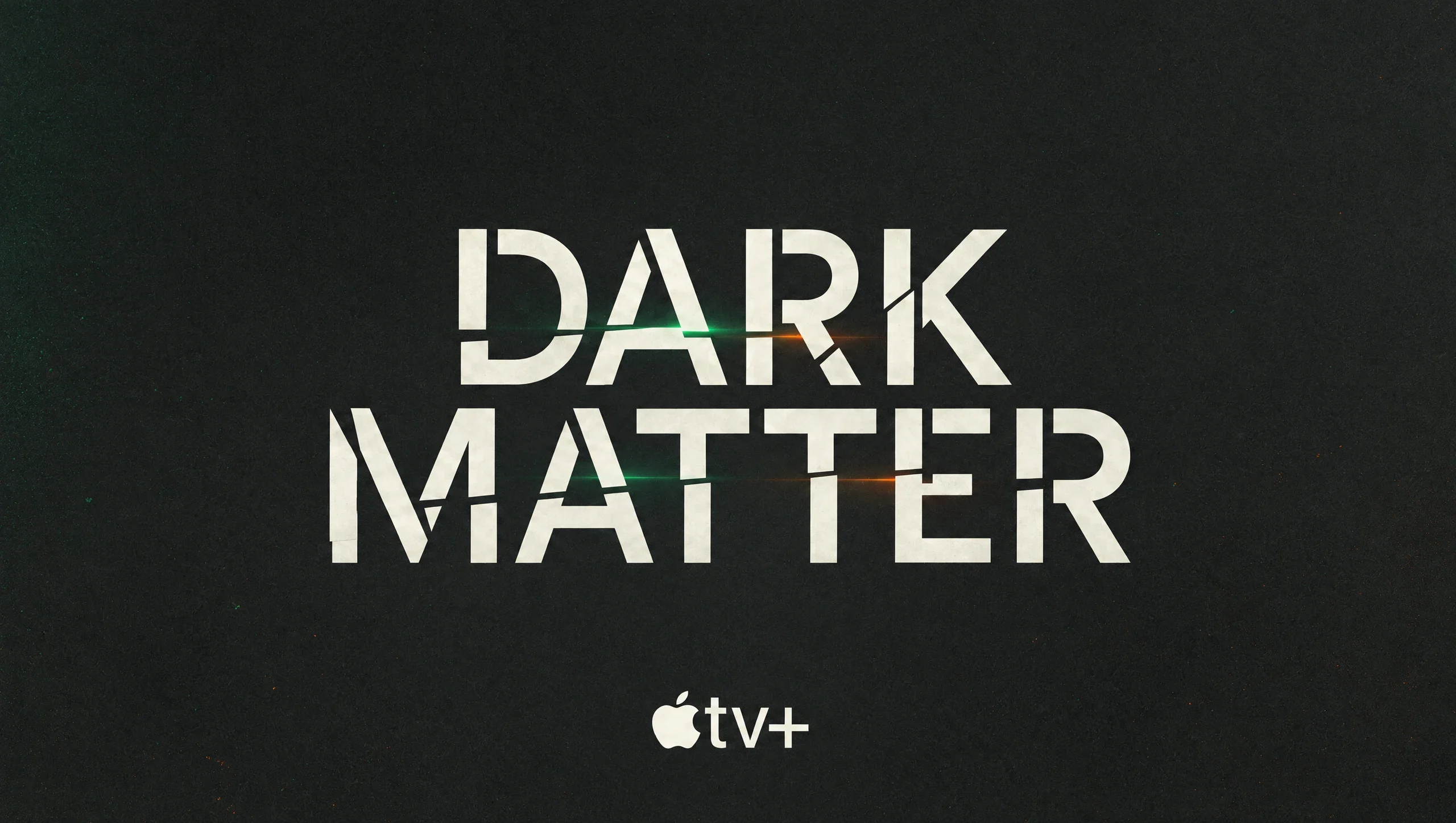 Fractured ivory Dark Matter wordmark on a dark textured background