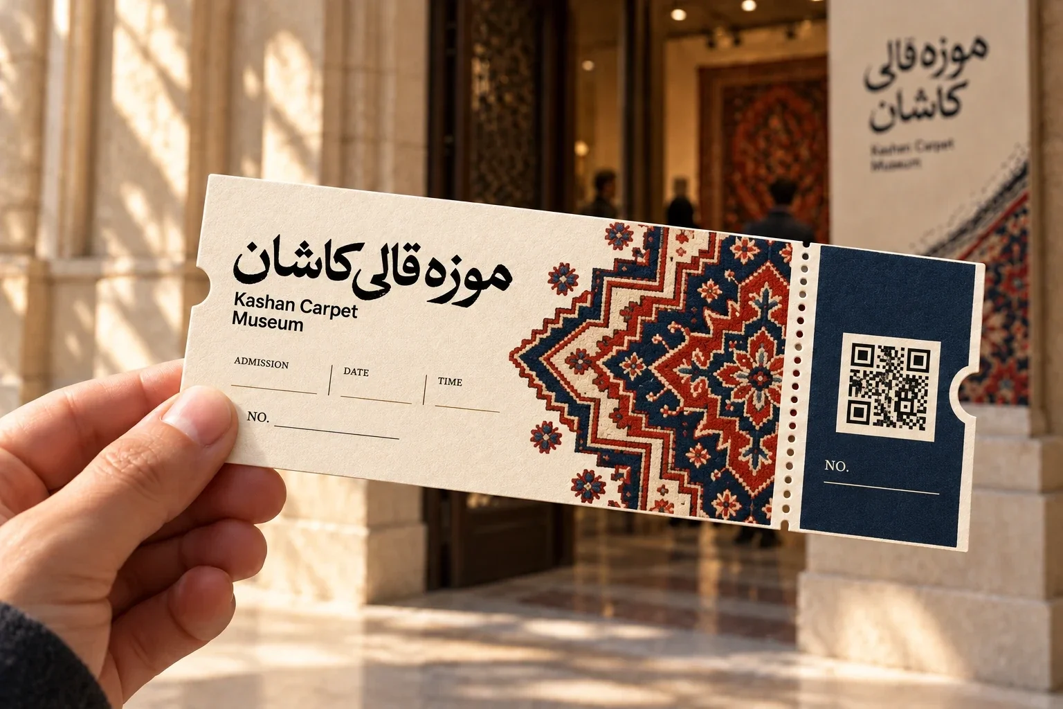 بلیت موزه با حاشیهٔ نقش‌دار و کد QR