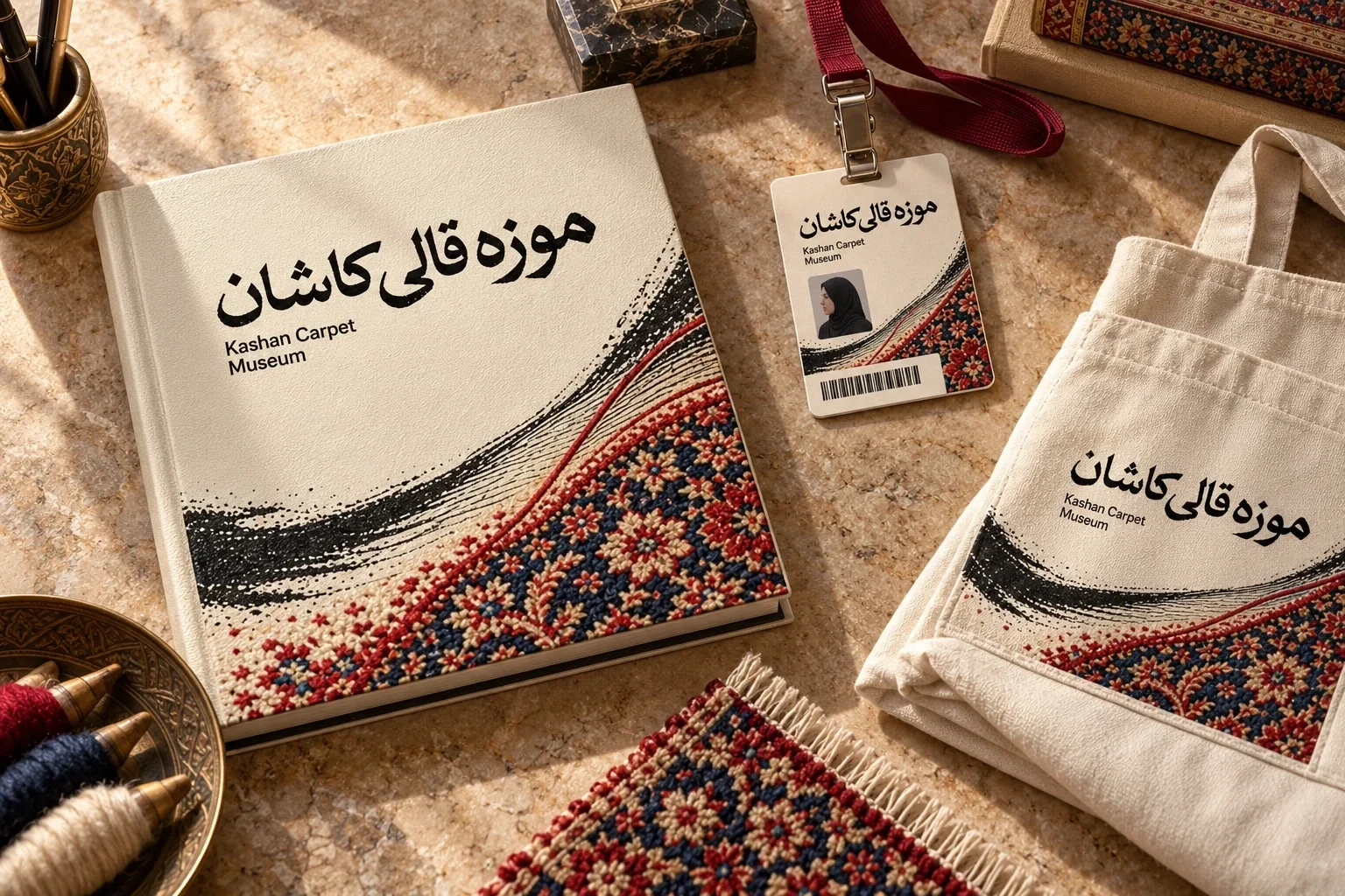 ابزارهای کار موزه و هویت چاپ‌شده روی اقلام