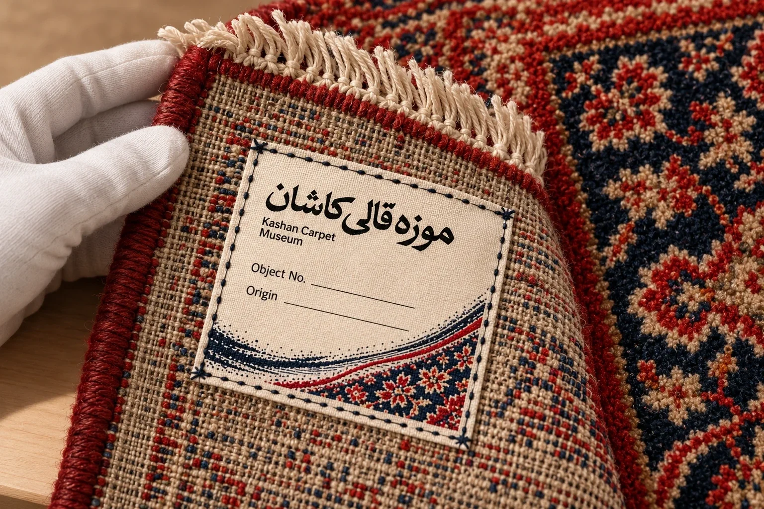 برچسب شناسنامهٔ قالی کاشان با نقش نخ در هویت موزه