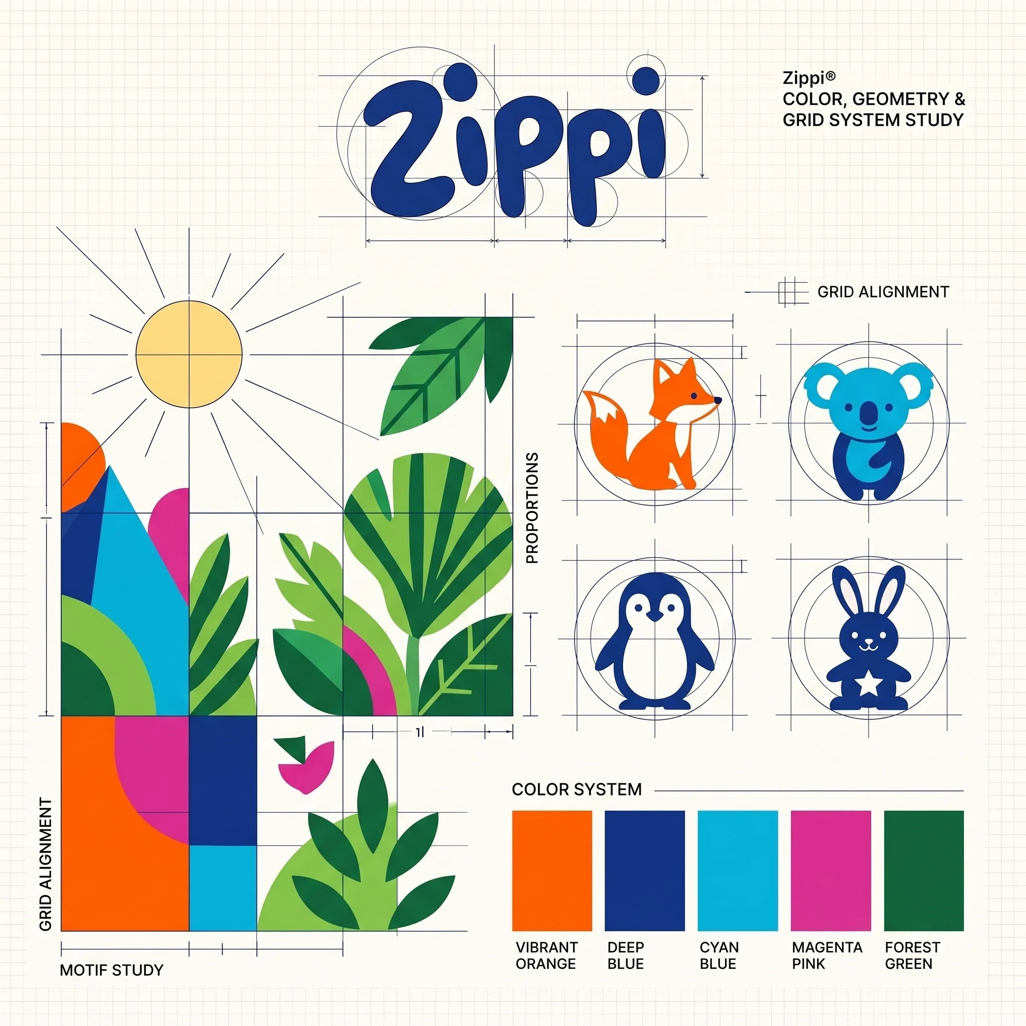 Square Zippi identity study showing a blue wordmark, animal geometry, foliage and five colour swatches.