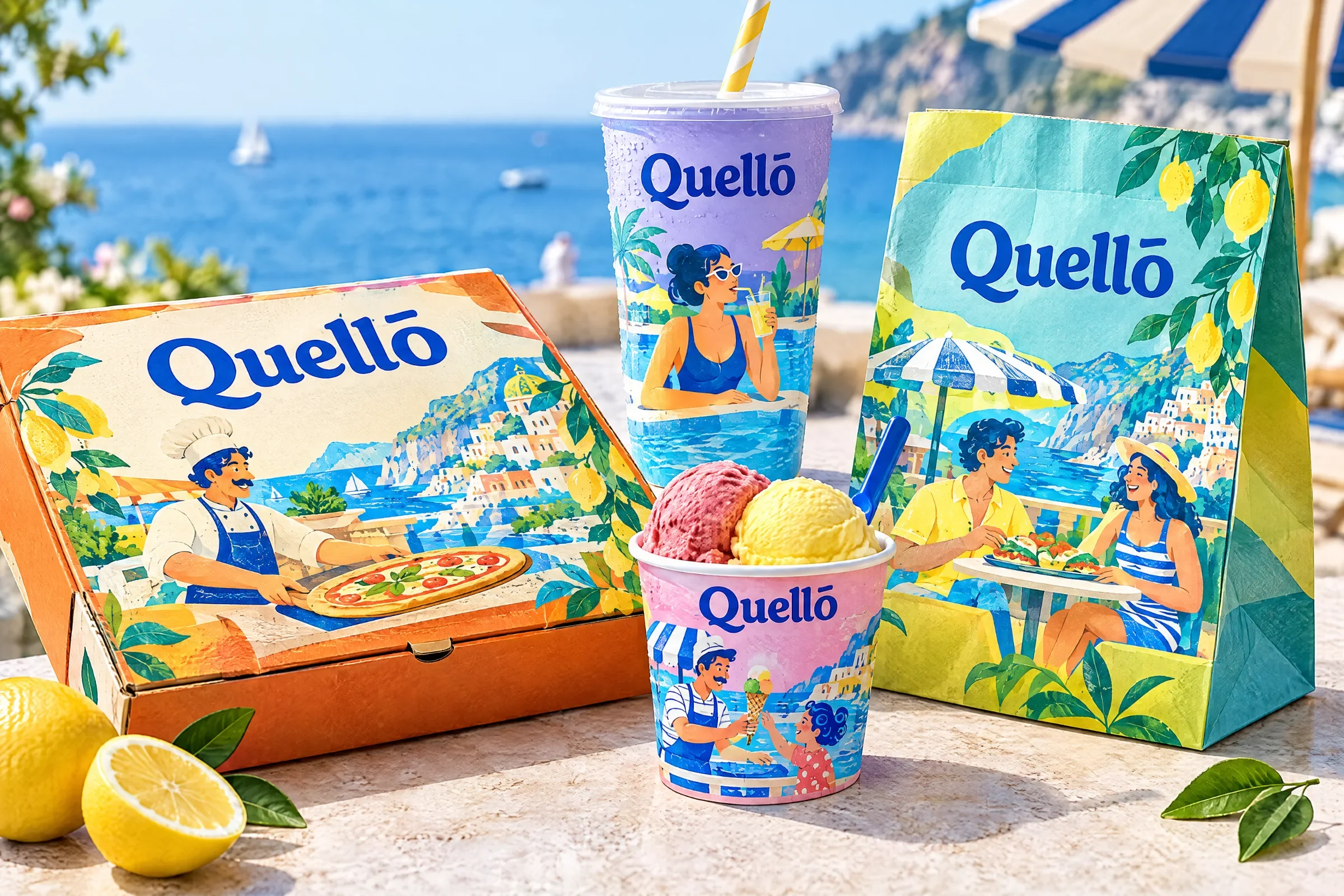 Quello illustrated food boxes, drink cups and paper bags presented on a poolside table