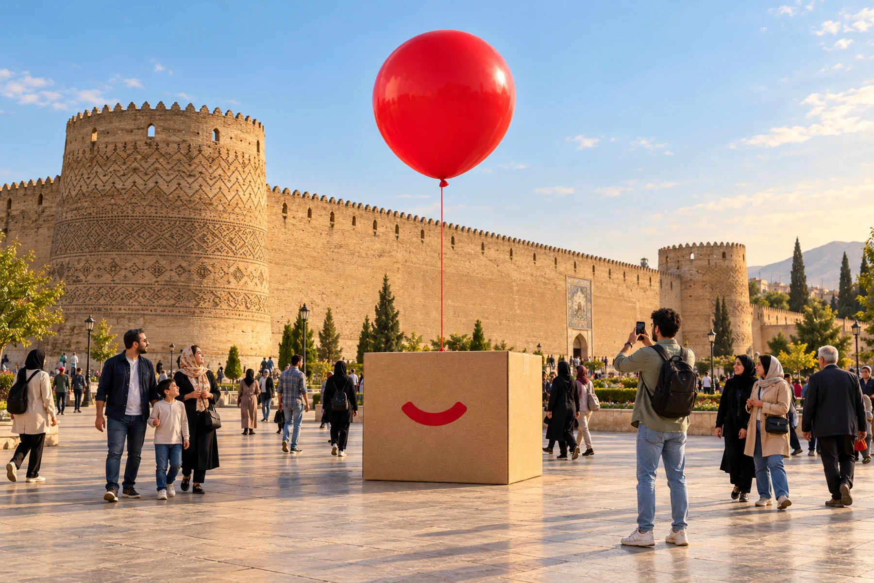 Digikala box and red balloon BTL installation with pedestrians at the Arg of Karim Khan