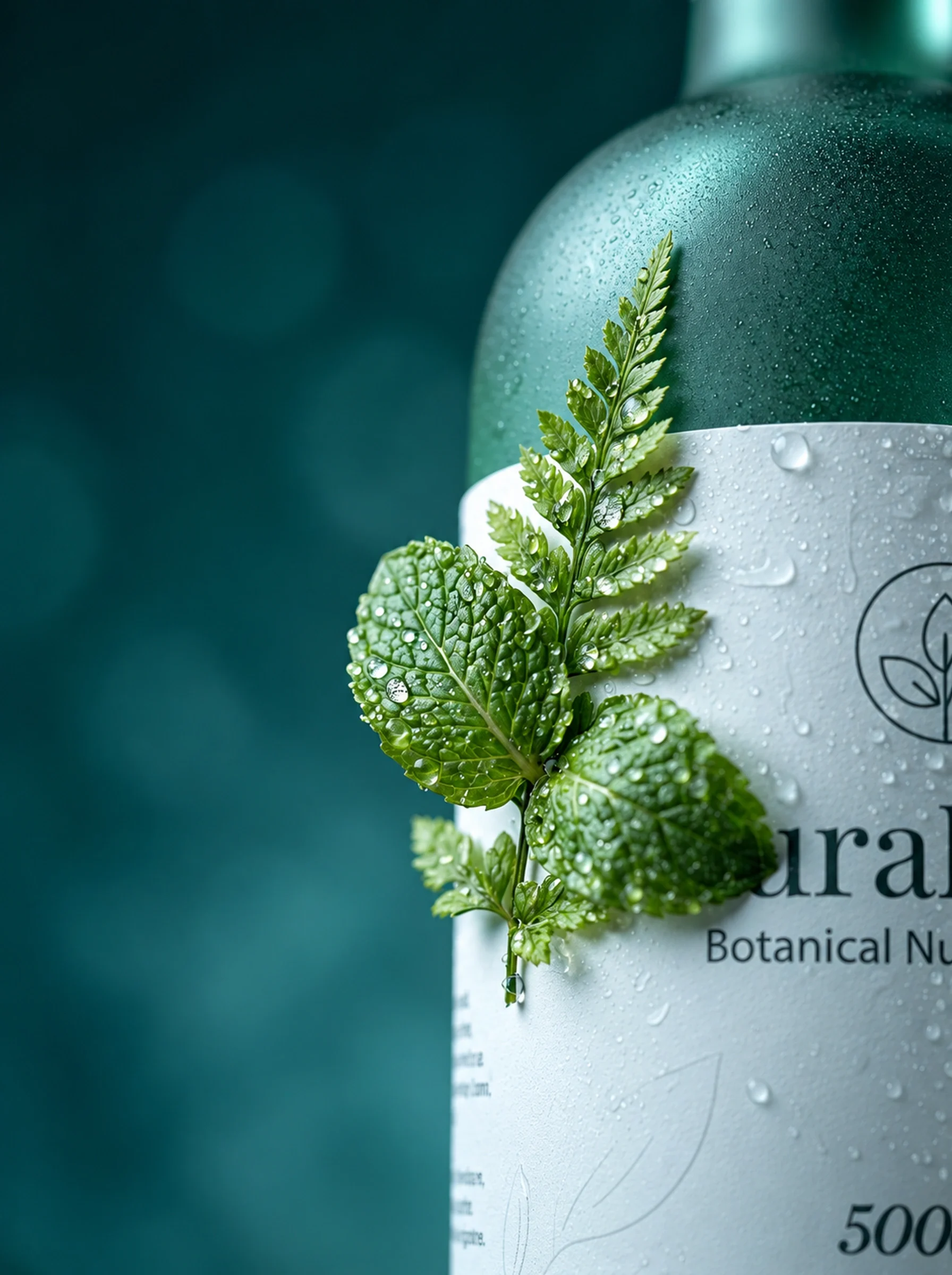 Mint leaf and fern frond beside an AuraLeaf bottle label