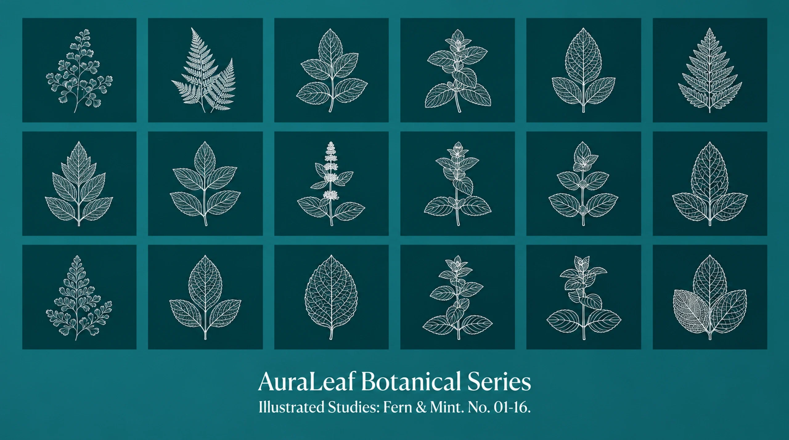 AuraLeaf botanical illustration board with leaf and flower line drawings