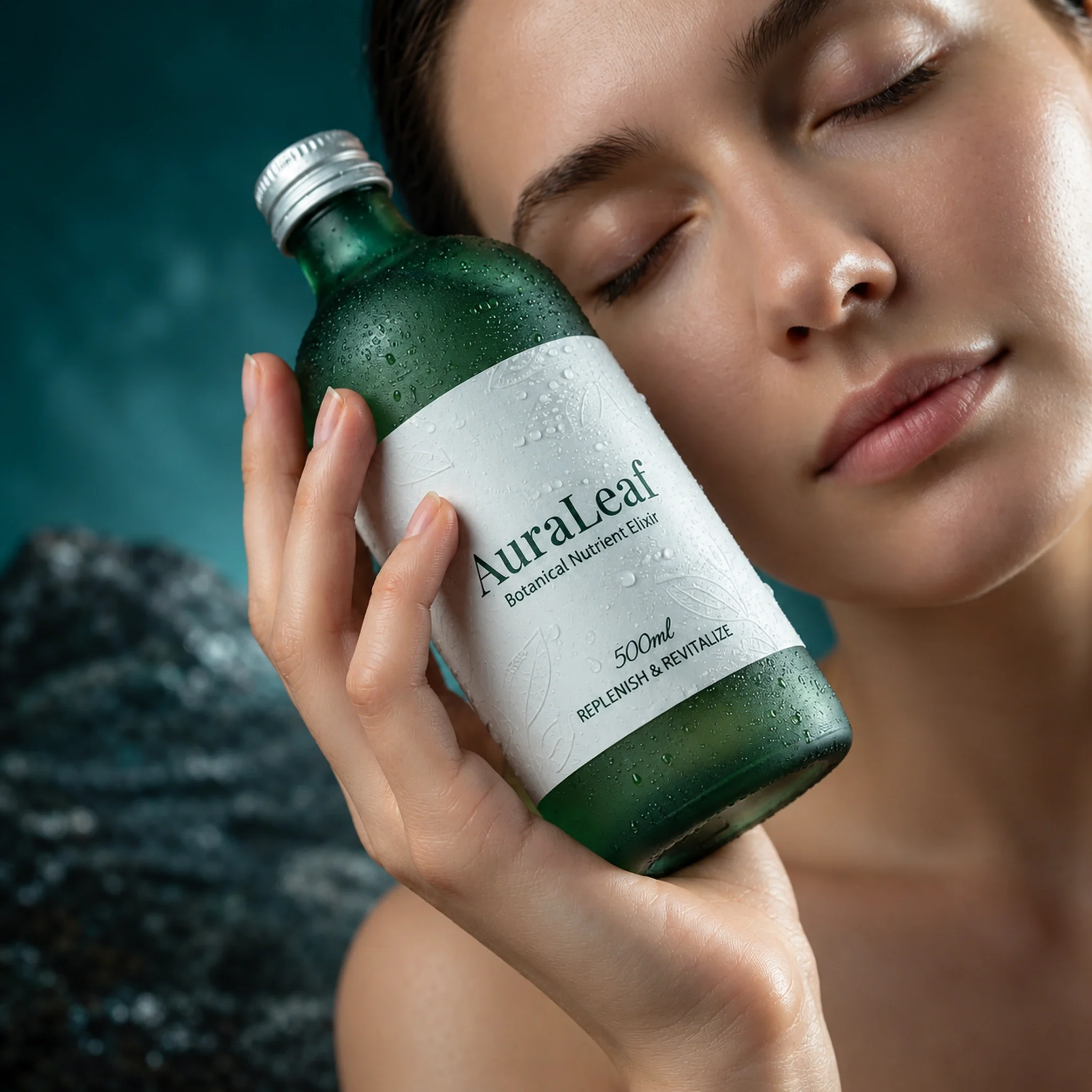 Person holding an AuraLeaf green bottle near their face