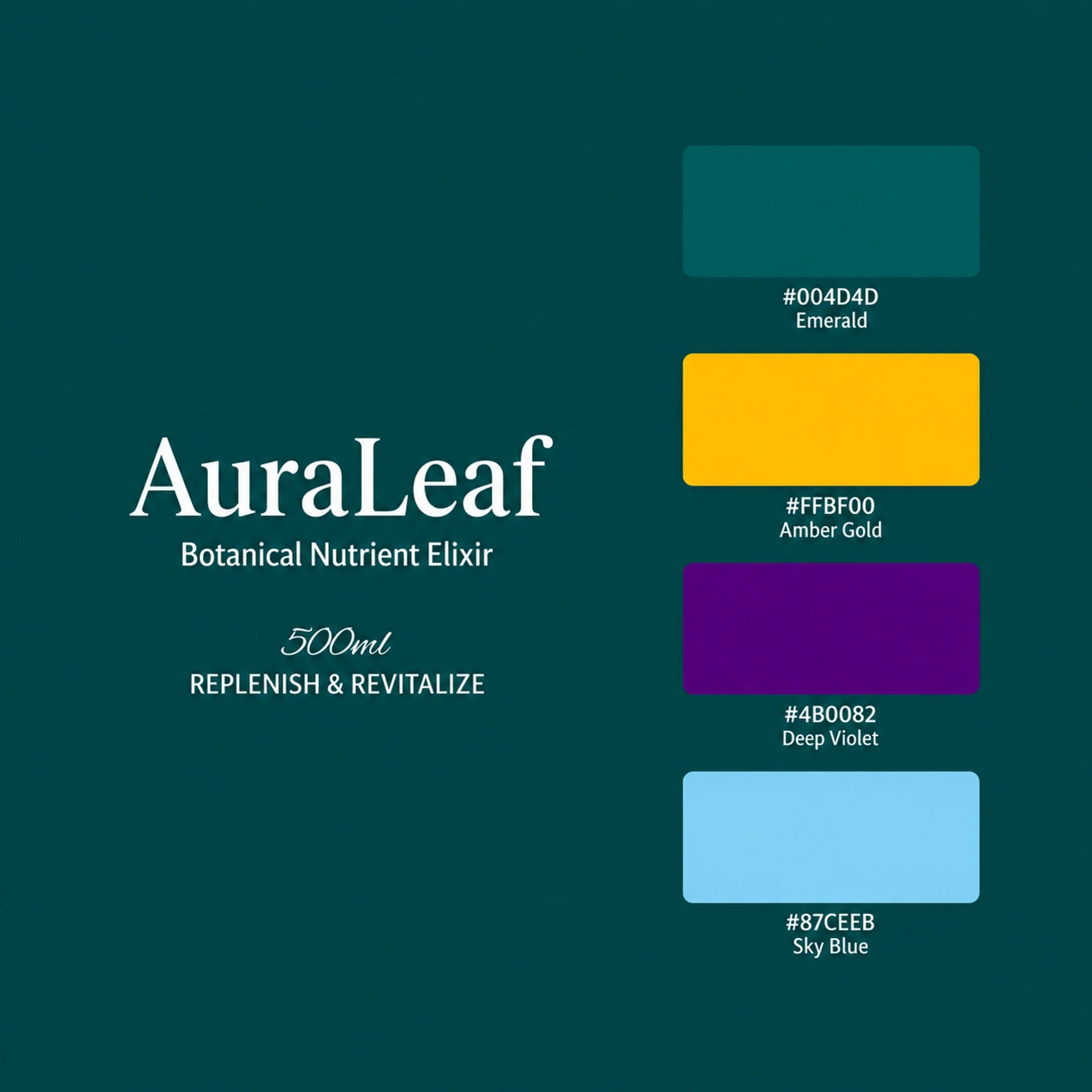 AuraLeaf brand board with deep green and yellow, violet and blue accent colours