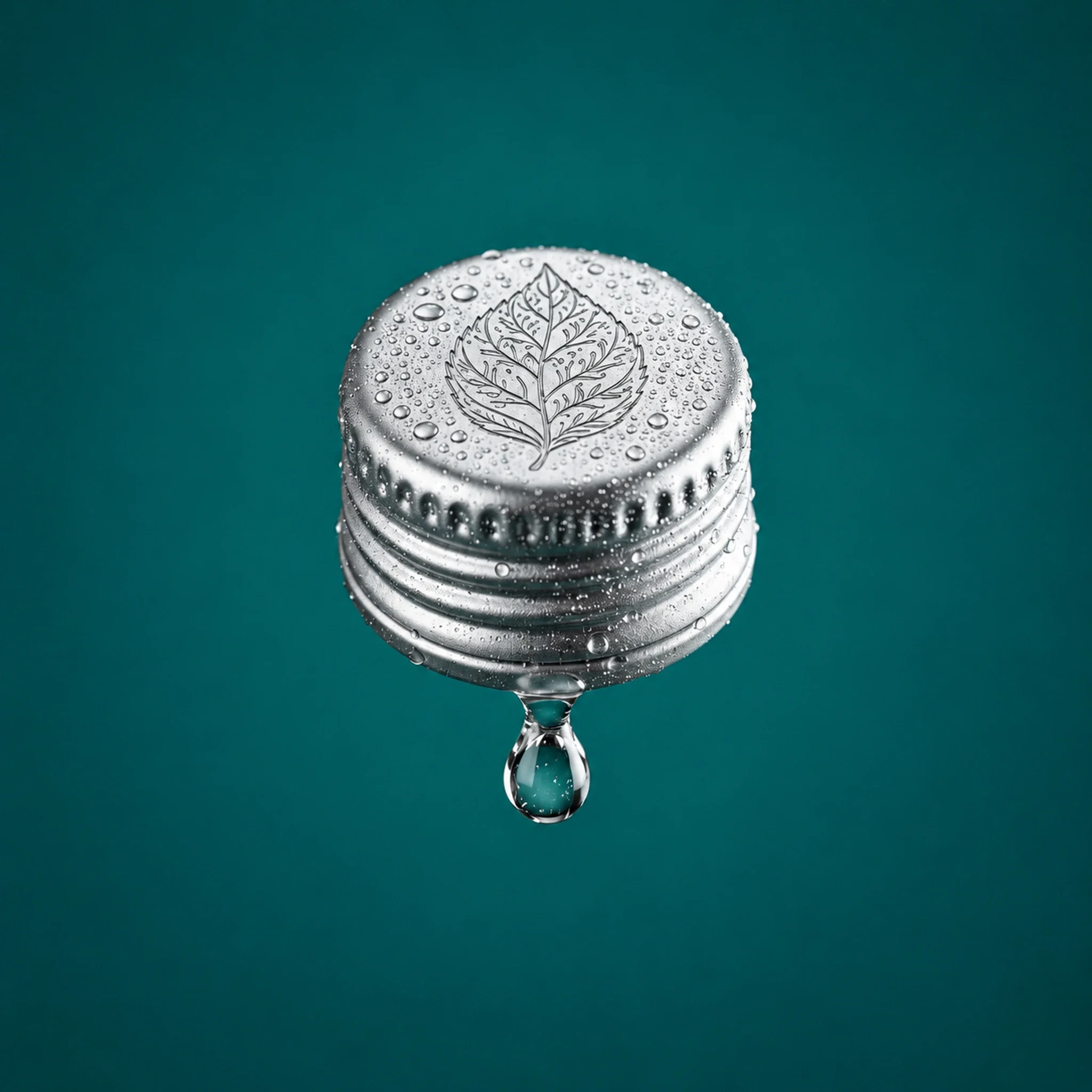 Close-up of a patterned silver bottle closure with a suspended water droplet