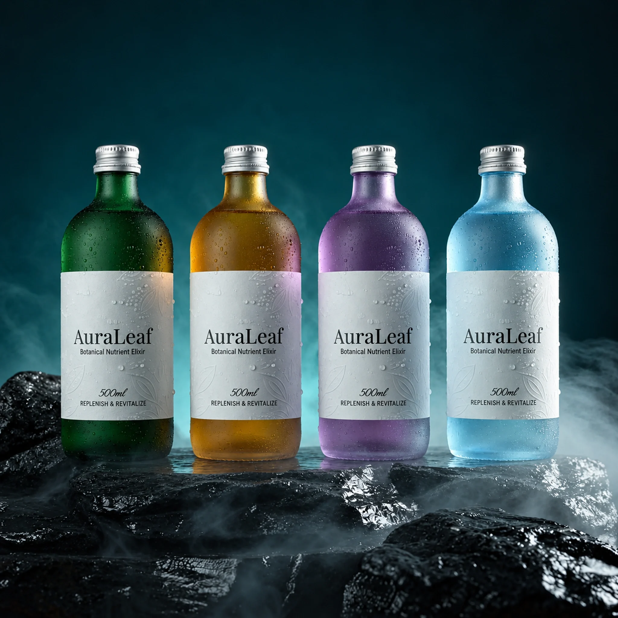 AuraLeaf glass-bottle family arranged in a row in a dark botanical setting