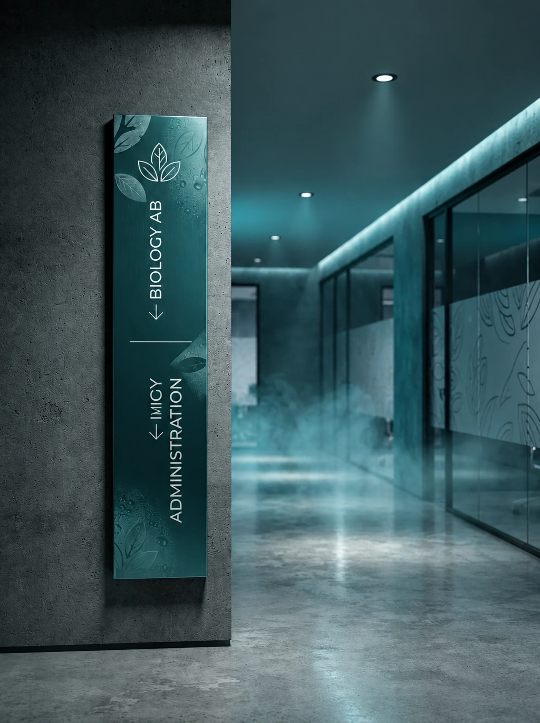 AuraLeaf laboratory-direction sign in a dark teal interior presentation mockup
