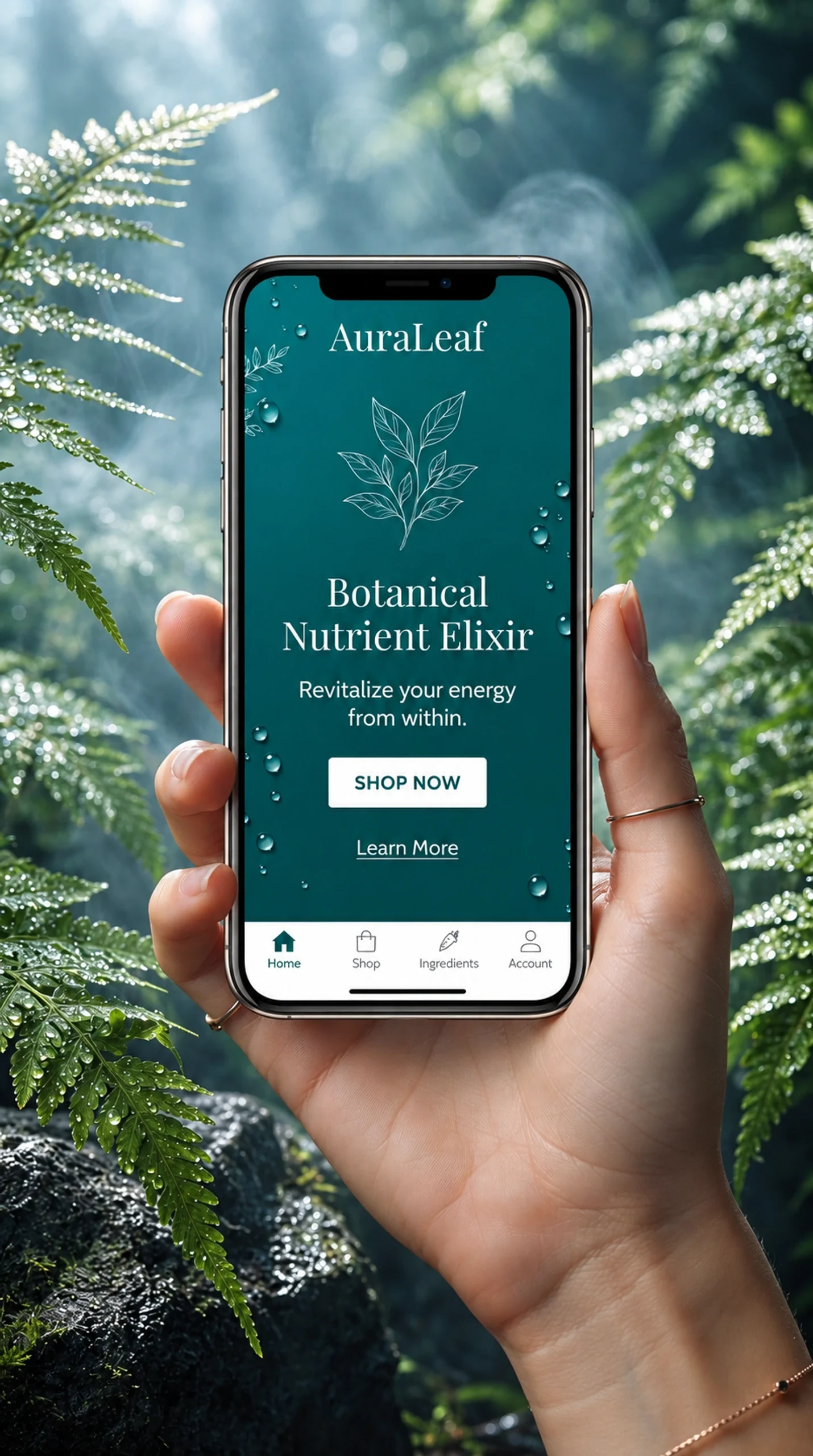 Hand holding a smartphone showing a deep-green AuraLeaf branded page