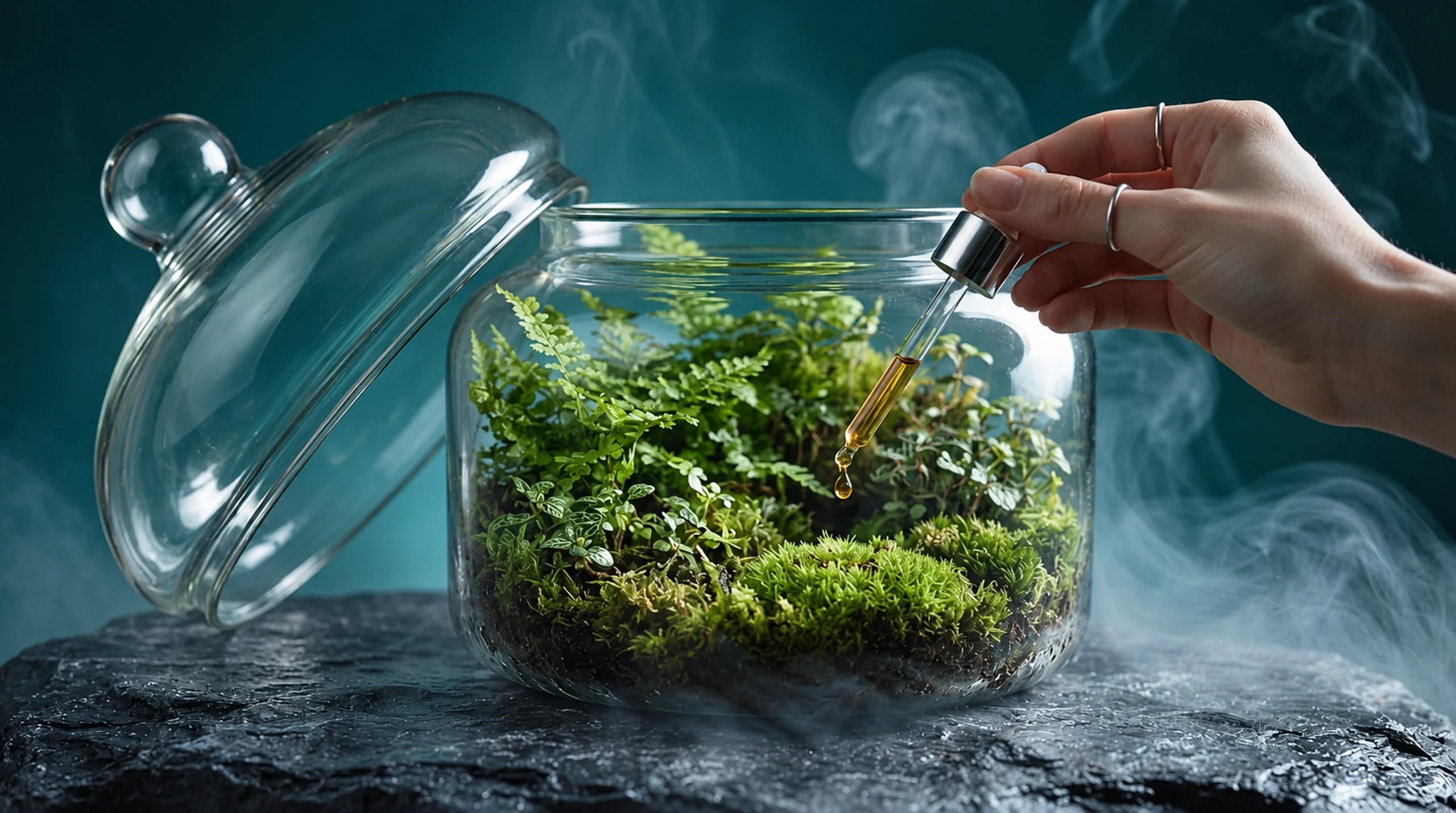 Hand applying drops to a planted terrarium beside an AuraLeaf bottle
